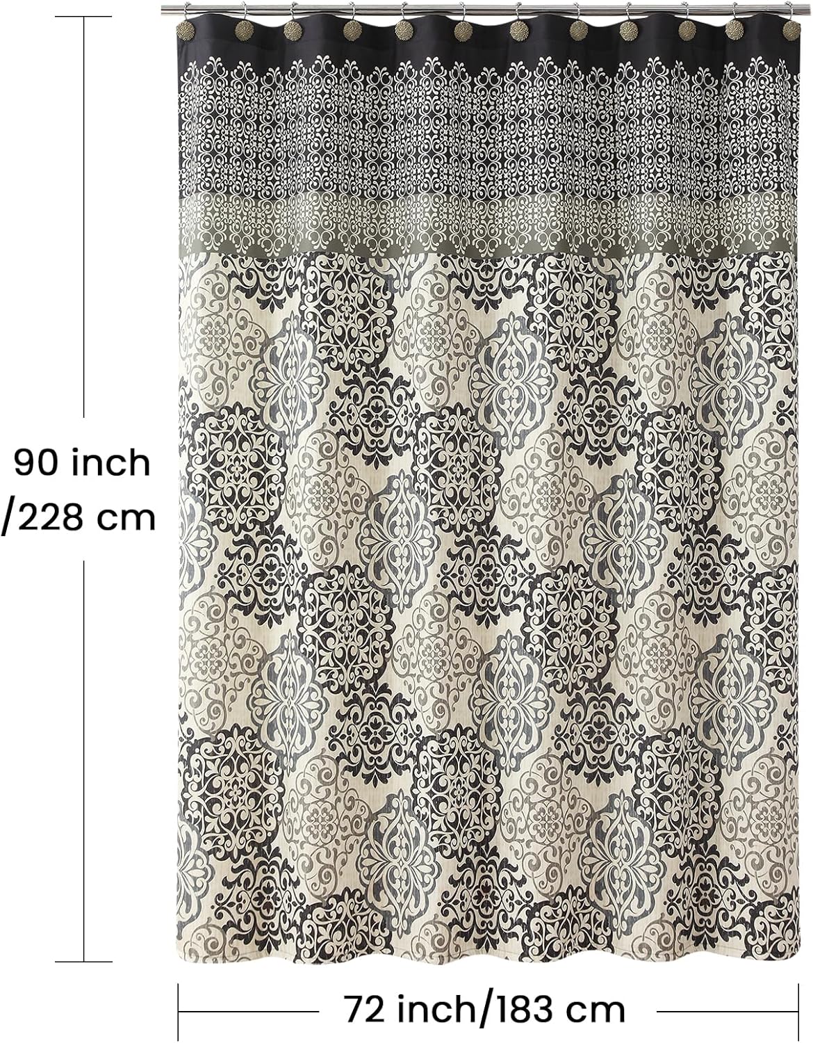 90 Inch Fabric Shower Curtain, Extra Long Black and Beige Boho Medallion Print Shower Curtains for Bathroom, 72" W x 90" H