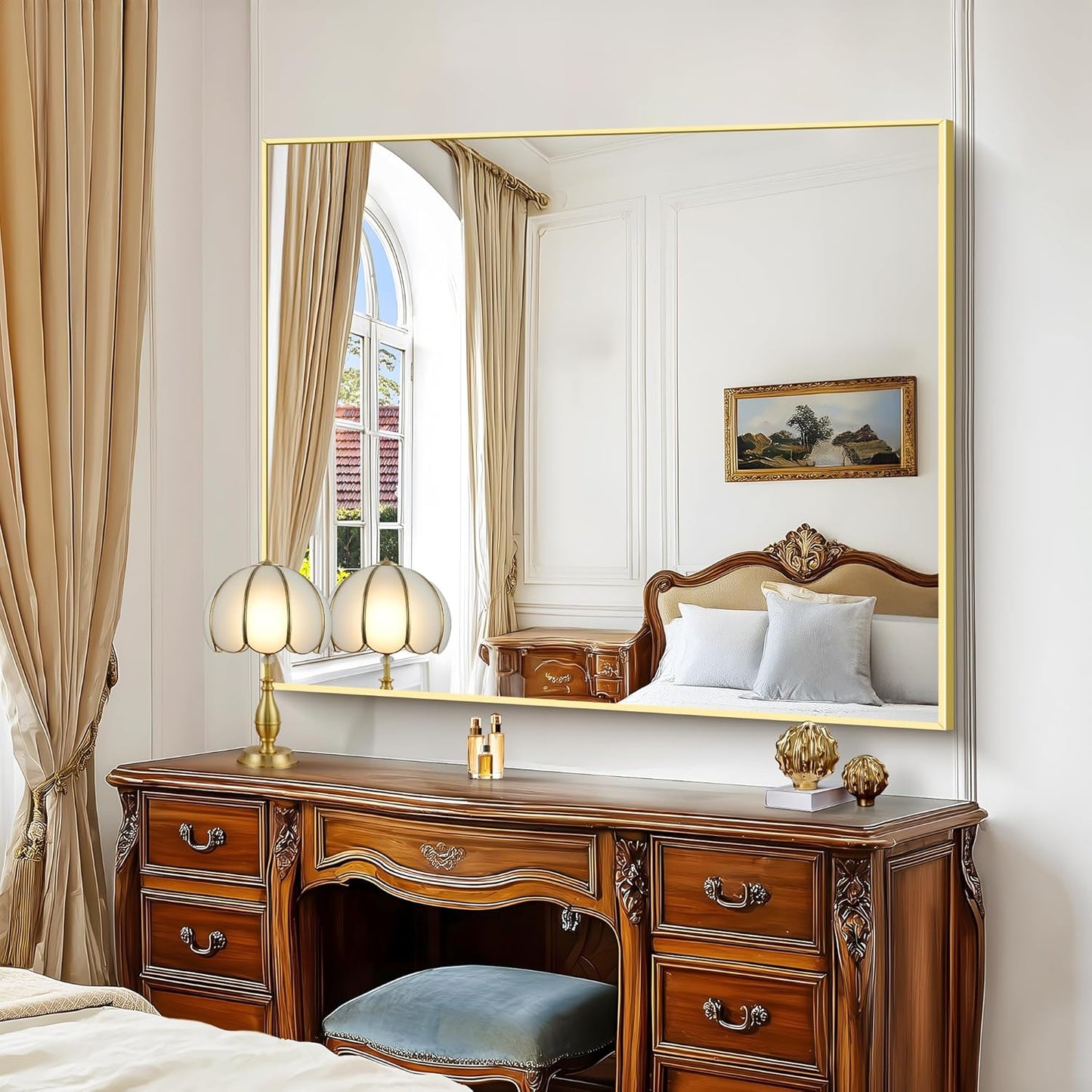 40x48inch Gold Bathroom Mirror, Silver Rectangle Mirror with Frame, Large Rectangular Wall Mirrors for Bathroom, Living Room, Hair Salon, Big Farmhouse Mirror Hang Horizontal/Vertical