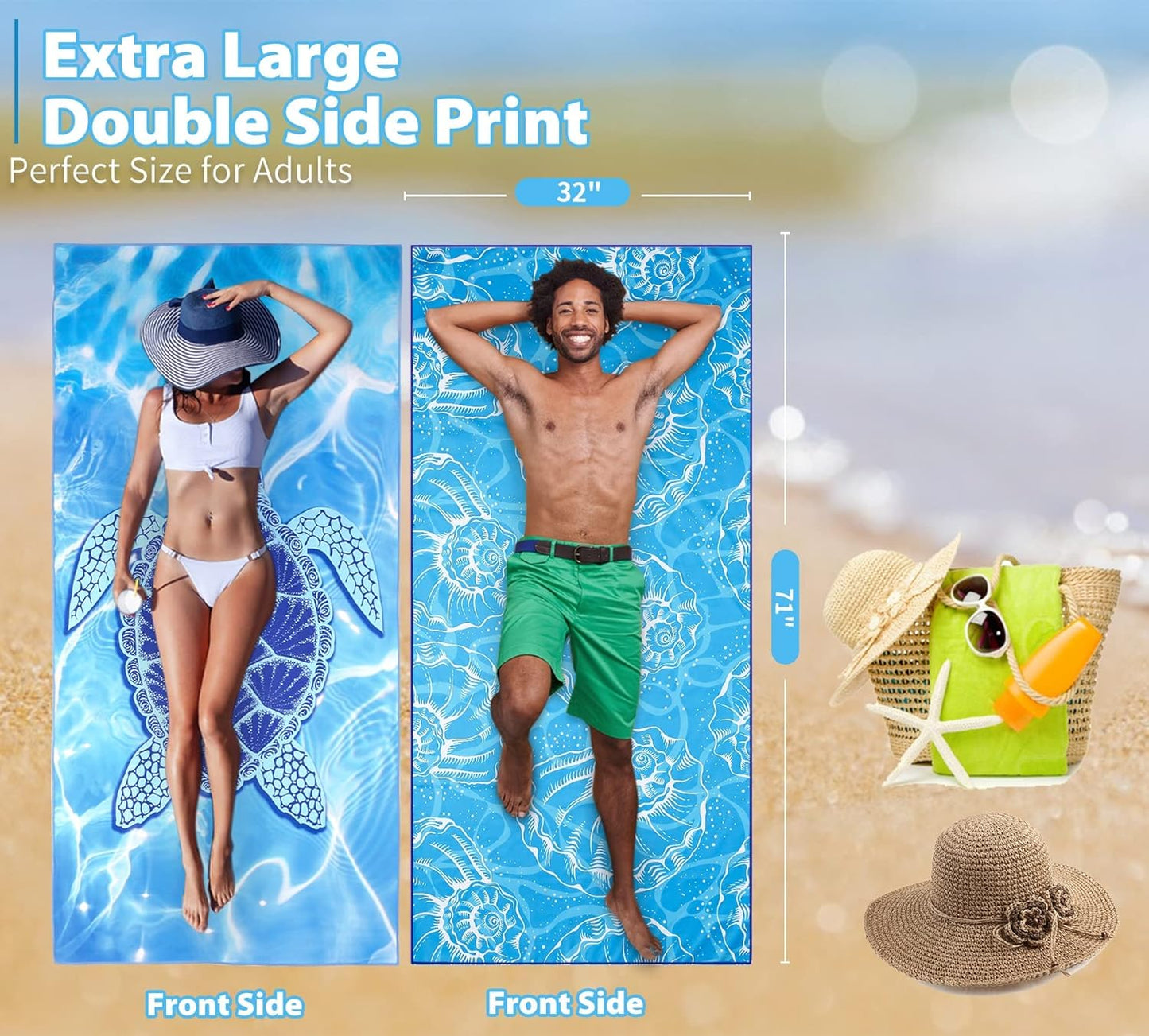 2 Pack Microfiber Thin Beach Towel Lightweight 71x32 Oversized Extra Large Sand Free Towels Quick Dry for Travel Pool Yoga Gym Sports Beach Accessories Vacation Essential Gift