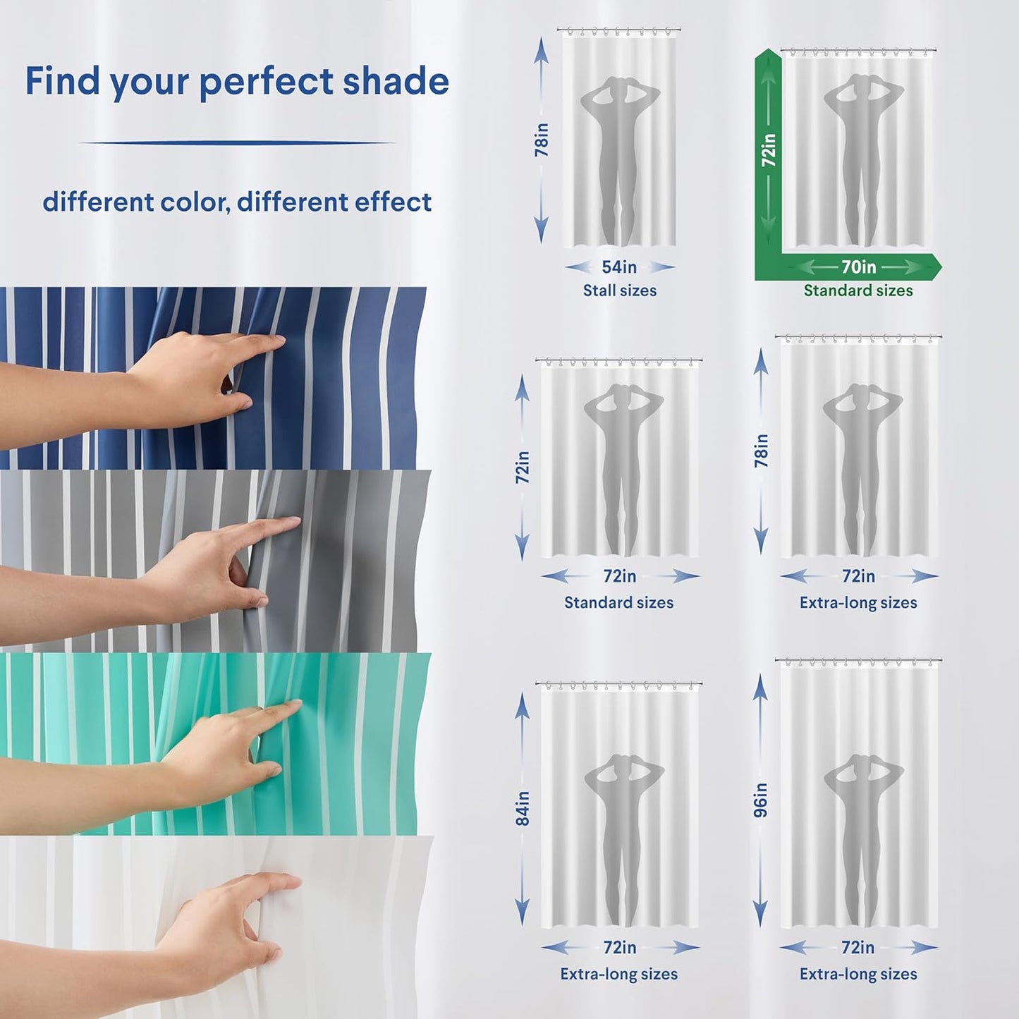 CLOROX Shower Curtain Liner, Premium Striped Medium-Weight Durable Waterproof 6g PEVA for Bathroom with Weighted Magnets, Printed Standard Size 72" x 72", Navy