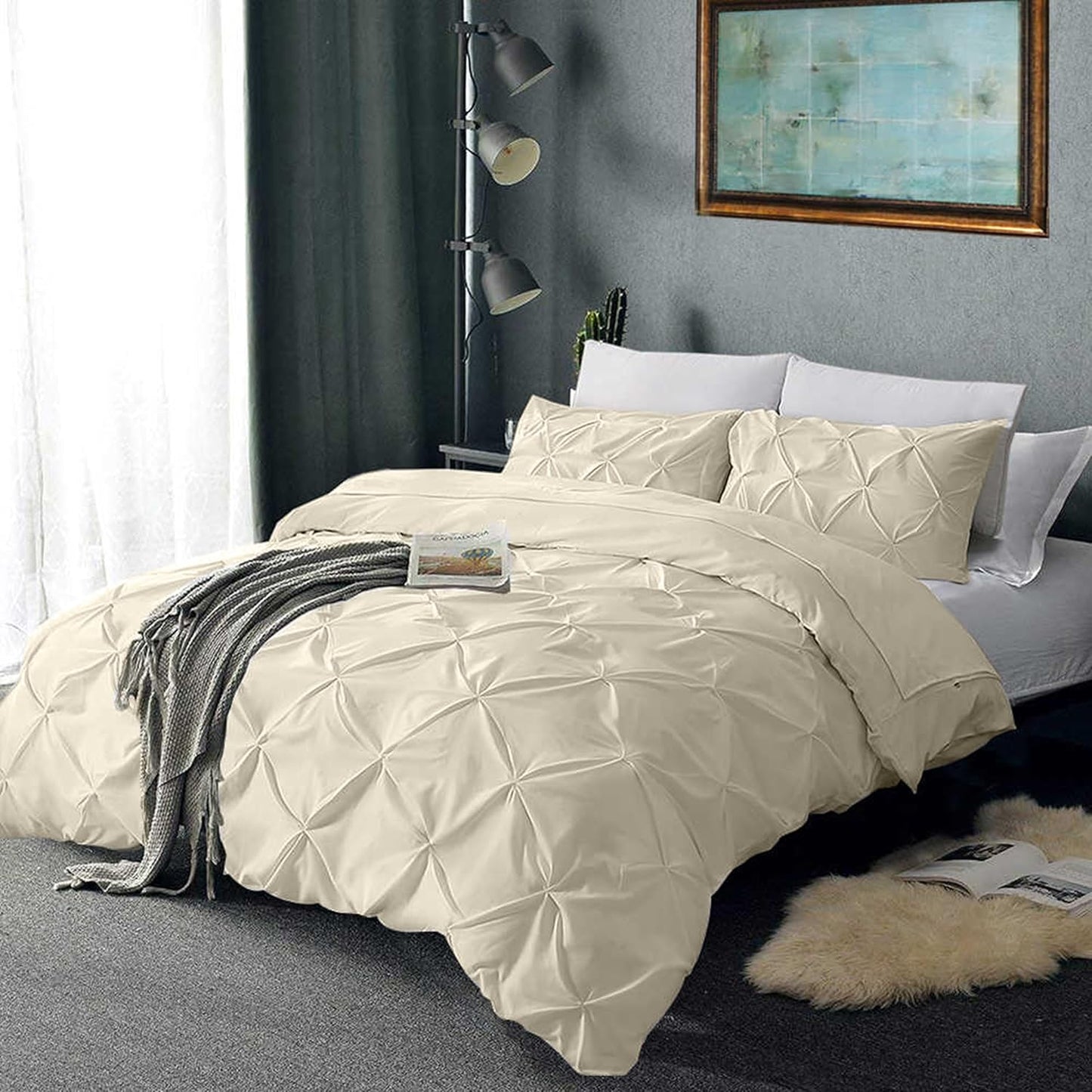 Pinch Pleated Duvet Cover Set 100% Brushed Microfiber 3PC Super King Plus Size 120x120 Duvet Cover Set, Decorative Pinch Design Ivory Duvet Cover with Matching Pillow Case
