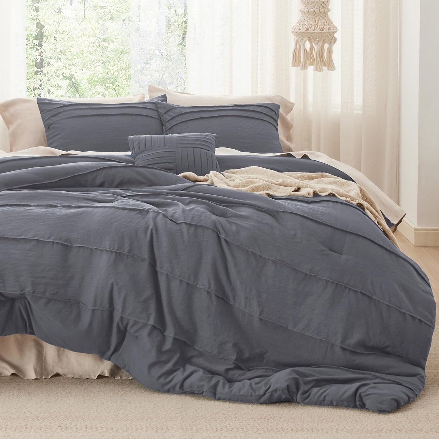 Bedsure Queen Comforter Set - 4 Pieces Pinch Pleat Bed Set, Dark Grey Boho Bedding for All Season, 1 Soft Comforter, 2 Pillowcases, 1 Decorative Pillow