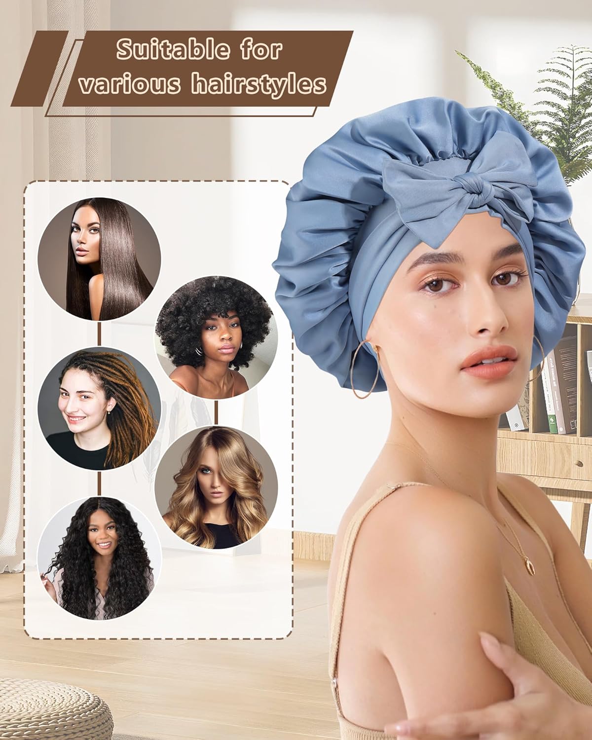 AWAYTR Women Satin Bonnet for Sleeping - Double Layer Silk Hair Bonnet with Elastic Tie Band for Braids Curly Hair