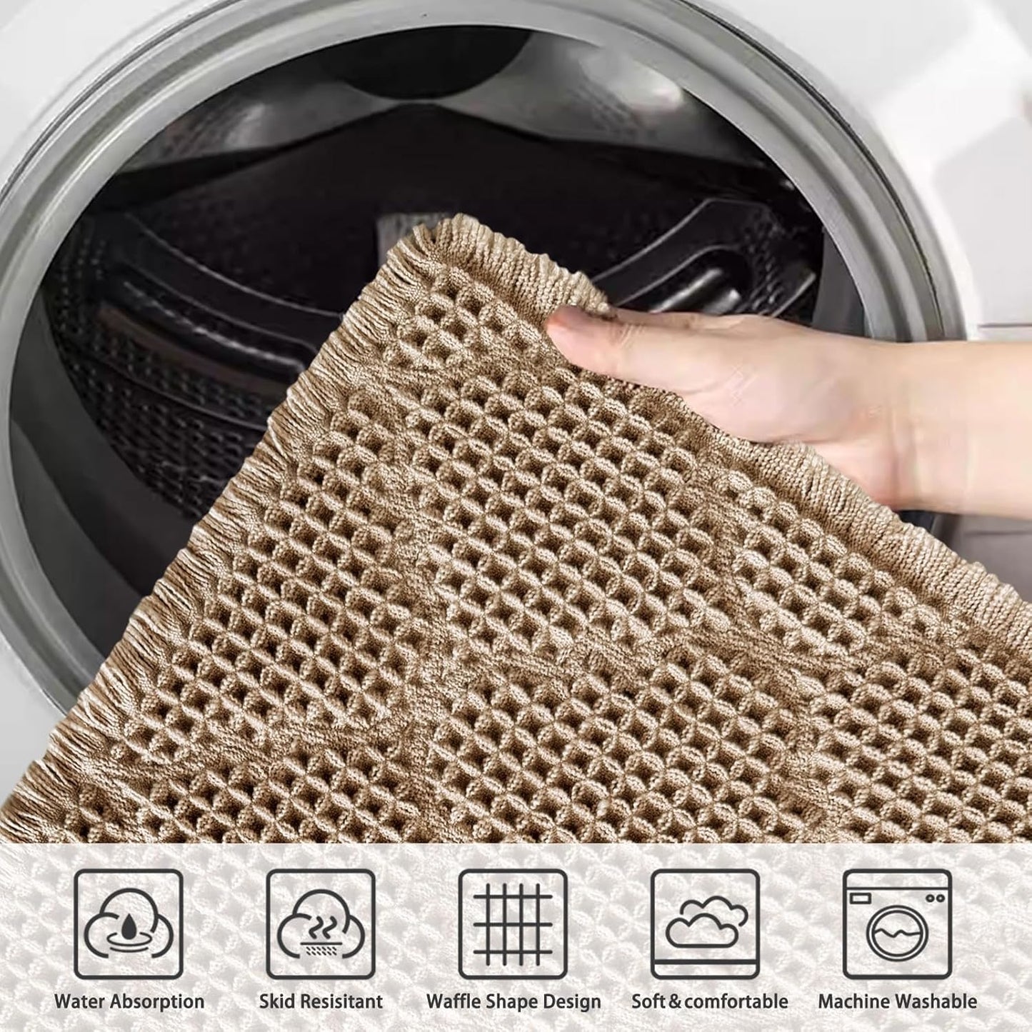 ZALL Tan Waffle Bath Mat,Super Absorbent Non Slip Bathroom Rug,Brown 24x36inch, Geometric Diamond Machine Washable Ultra Soft Floor Mats