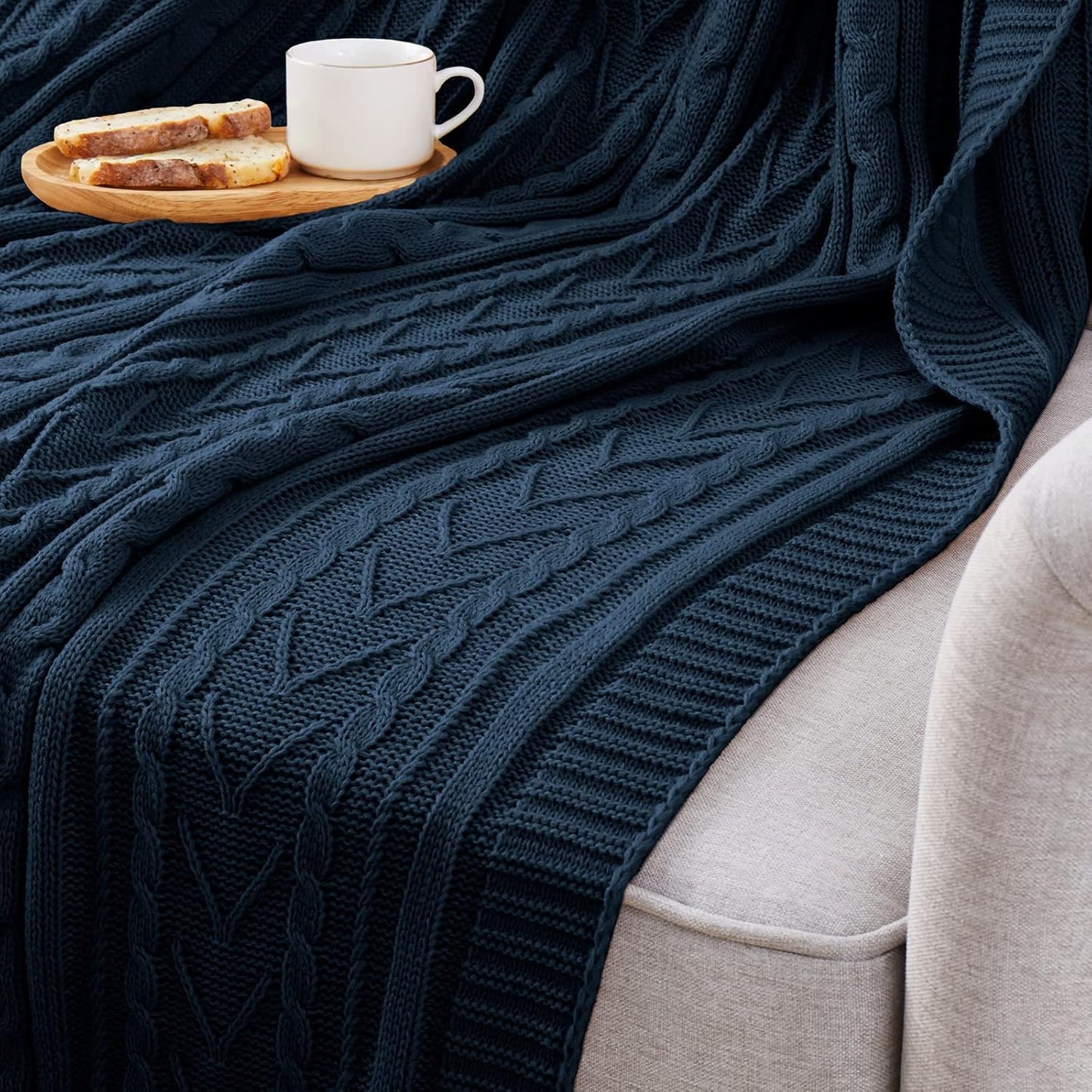 Aormenzy Navy Blue Cable Knit Throw Blanket Oversized 60" x 80" Super Soft Comfy Knitted Blanket for Couch Bed Sofa, Twin Size