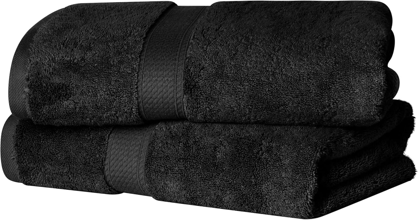 Superior Egyptian Cotton Pile Bath Towel Set of 2, Ultra Soft Luxury Towels, Thick Plush Essentials, Absorbent Heavyweight, Guest Bath, Hotel, Spa, Home Bathroom, Shower Basics, Black