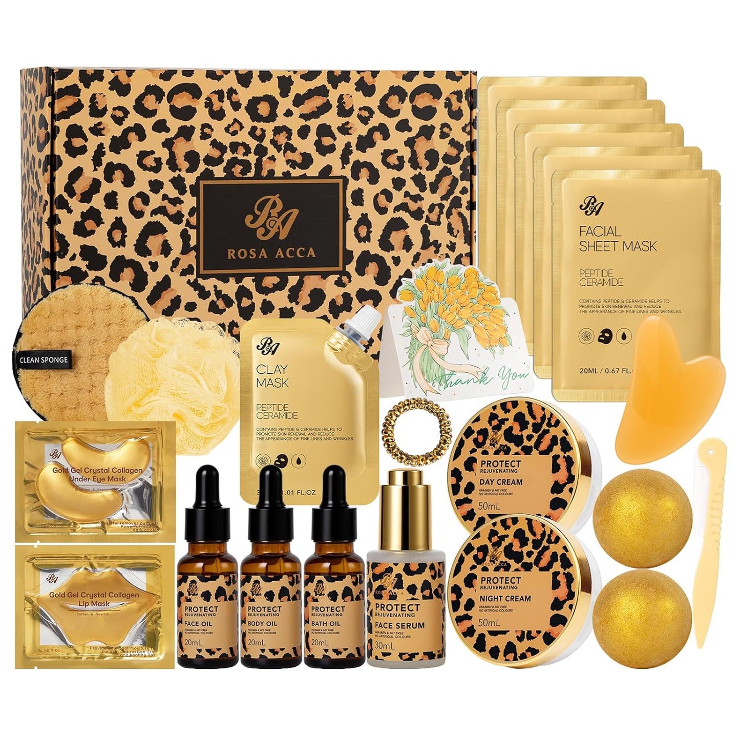 Leopard 23 Pcs Skin Care Set for Women, Bath and Body Set, Spa Gift Baskets, Birthday Gifts, Day Cream, Peptide Serum, Bath Oil, Sheet Mask, Clay Mask, Bath Bombs, Christmas, Valentines, Mother Day