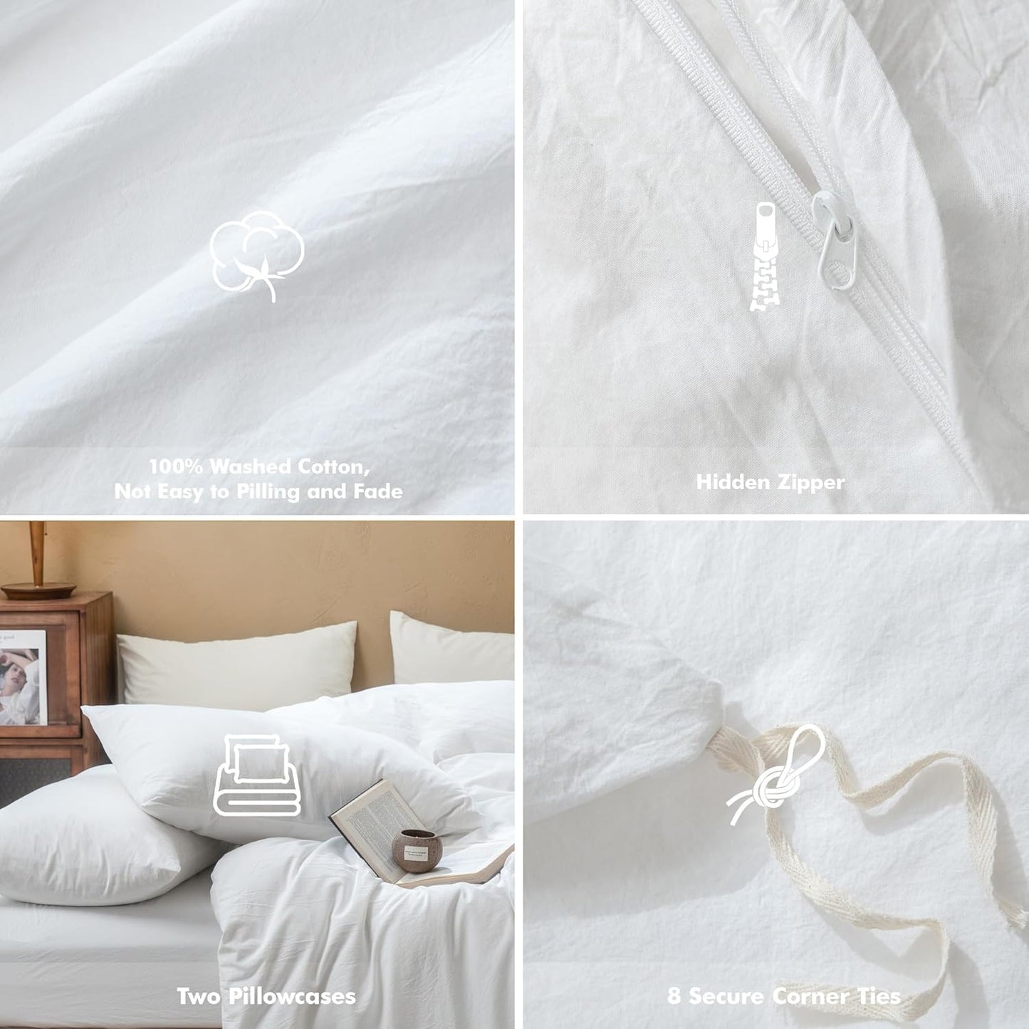 FOSSA Duvet Cover Set 100% Washed Cotton Linen Feel Super Soft Breathable Cozy 3 Pieces Bedding Sets Solid Bright White King