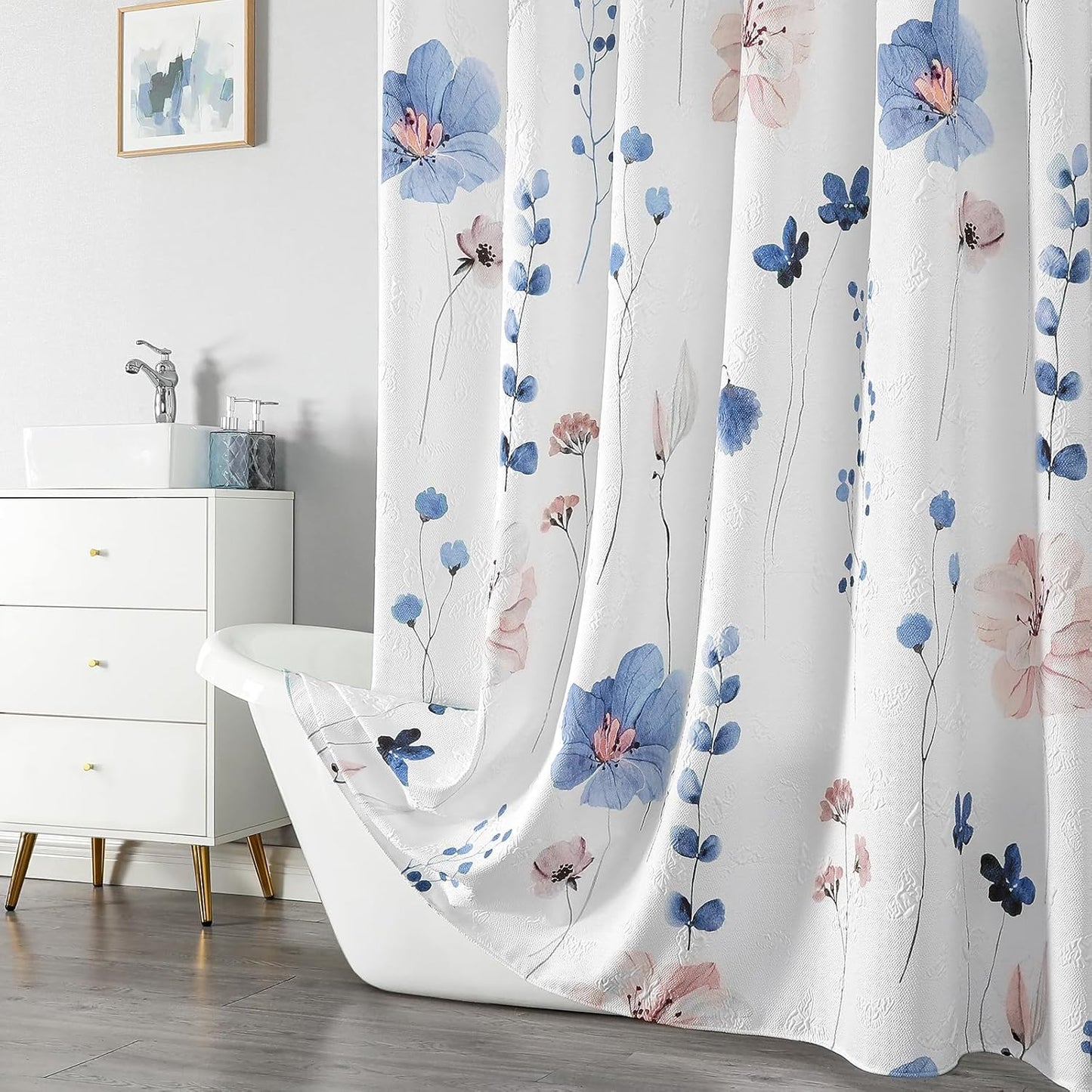 QiyI Extra Long Shower Curtain 72 x 84, Watercolor Floral Bath Curtain, 3D Embossed Butterflies Blue Flower Cloth Bathroom Curtains, Waterproof Fabric Farmhouse Textured Shower Curtain Set with Hooks