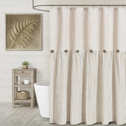Farmhouse Shower Curtain Linen Beige Button Woven Fabric Country Rustic Western, Pleated Beige Stripe 72" W x 78" L