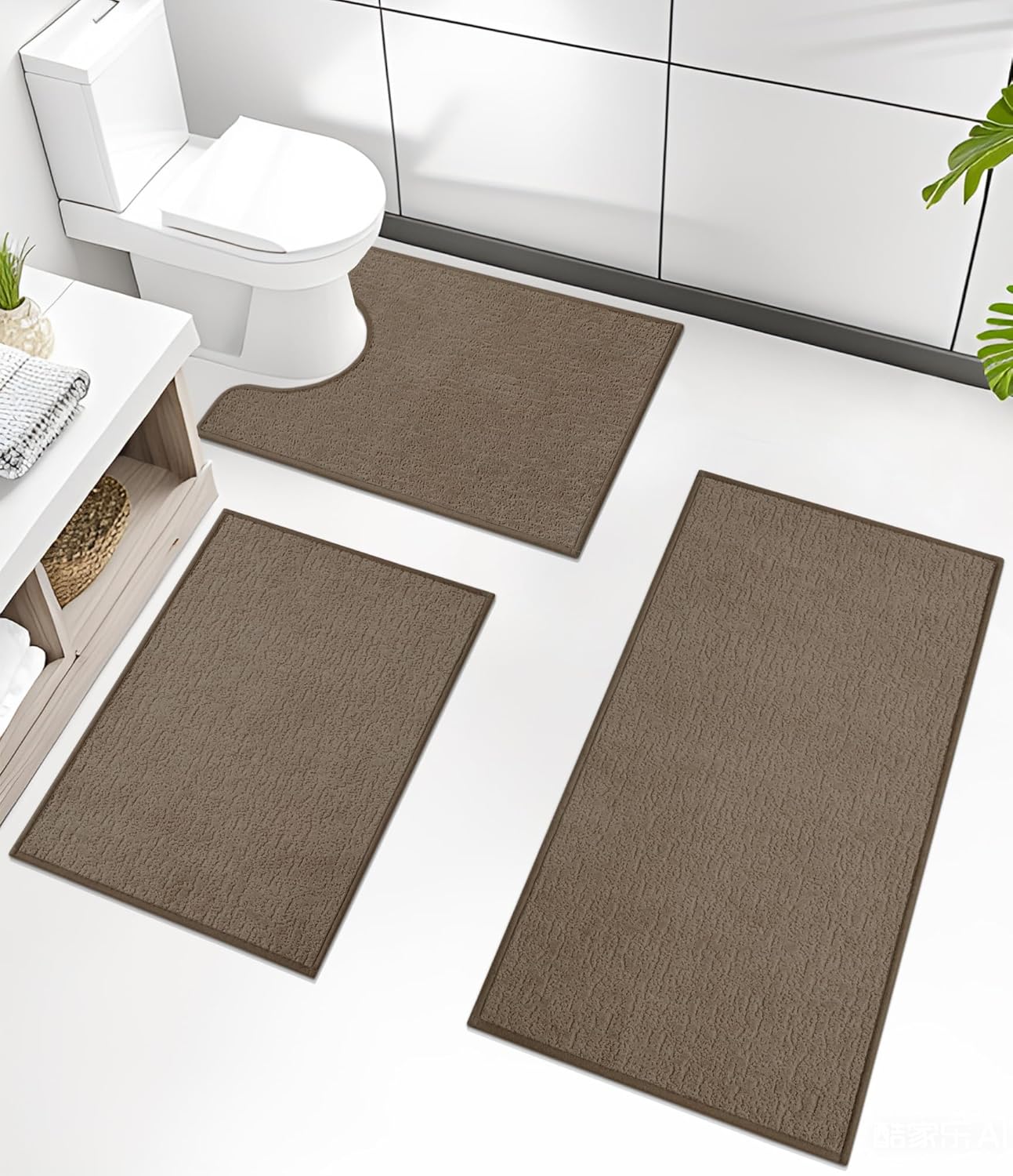 Chakme 3 Piece Bathroom Rug Sets, Ultra Thin Bath Mat, Absorbent & Quick Drying, Non Slip, Durable, Easy to Clean, Geometric Design, Coffee, 17" x 24" / 17" x 30" / 17" x 59"