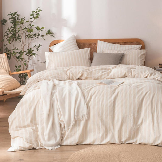 BESTOUCH Duvet Cover Set 100% Washed Cotton Linen Feel Super Soft Comfortable Chic Lightweight 3 PCs Home Bedding Set Almond Grey & White Stripes Queen