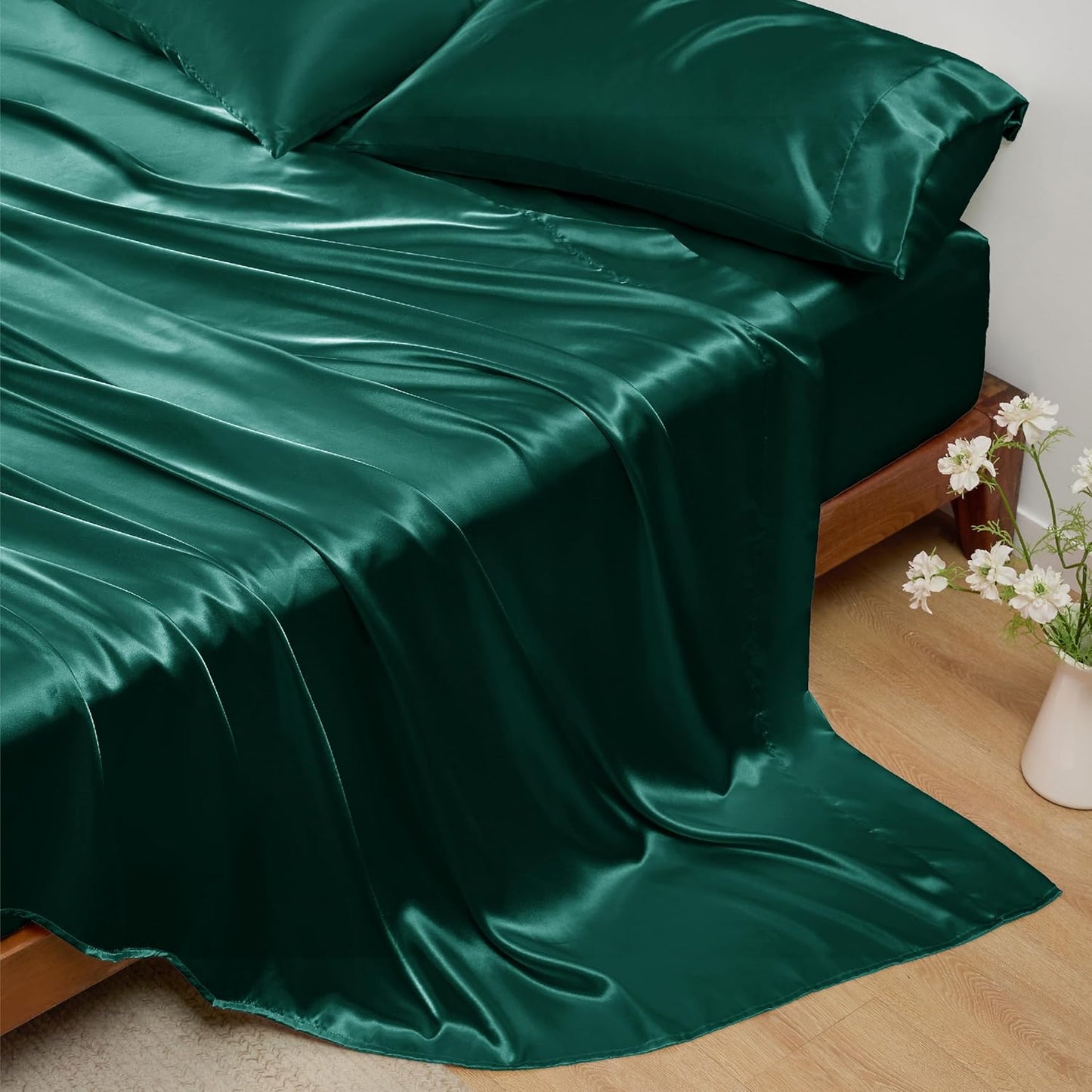 Bedsure Satin Sheets King Size - 4 Piece Silky Bedsheets with 15 Inches Deep Pocket Fitted Bedsheet,1 Flat Sheet, 2 Satin Pillowcases, Good for Hair & Skin (King, Dark Green)
