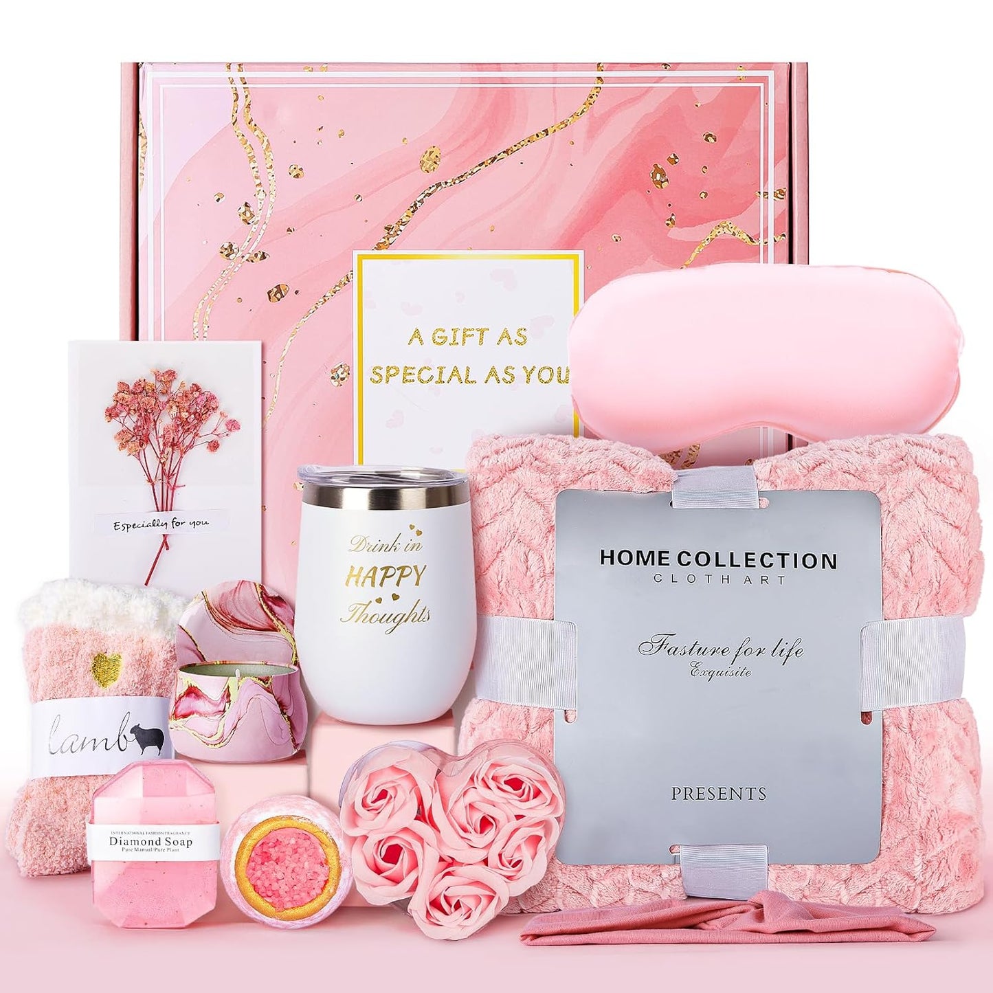 11-Piece Luxury Gift Set for Women - Birthday Gifts, Get Well Soon, Spa Self Care Package with Flannel Blanket, Scented Candle, Tumbler & More