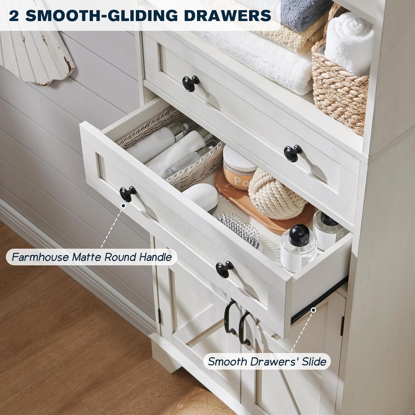 ACCOHOHO Farmhouse Tall Bathroom Storage Cabinet, 72" Storage Cabinet with 2 Drawers, Adjustable Shelves & Barn Door, Cabinet for Bathroom, Living Room, Kitchen, Off White