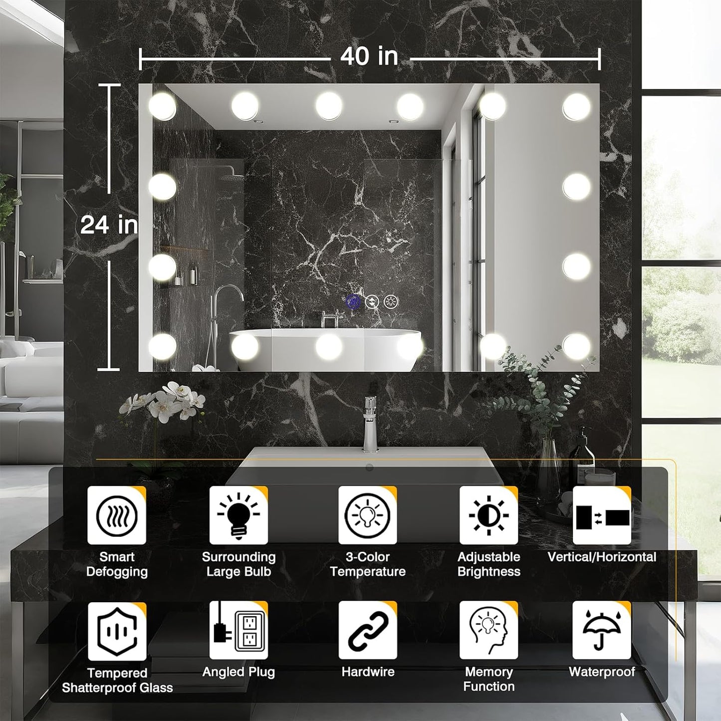 40x24 Hollywood Bathroom Mirror with Lights, Wall Mounted Mirror with LED Bulbs, 3 Colors and Dimmable Light, Defog Mirror, Tempered Glass, Memory, Waterproof, ETL Listed, Horizontal/Vertical
