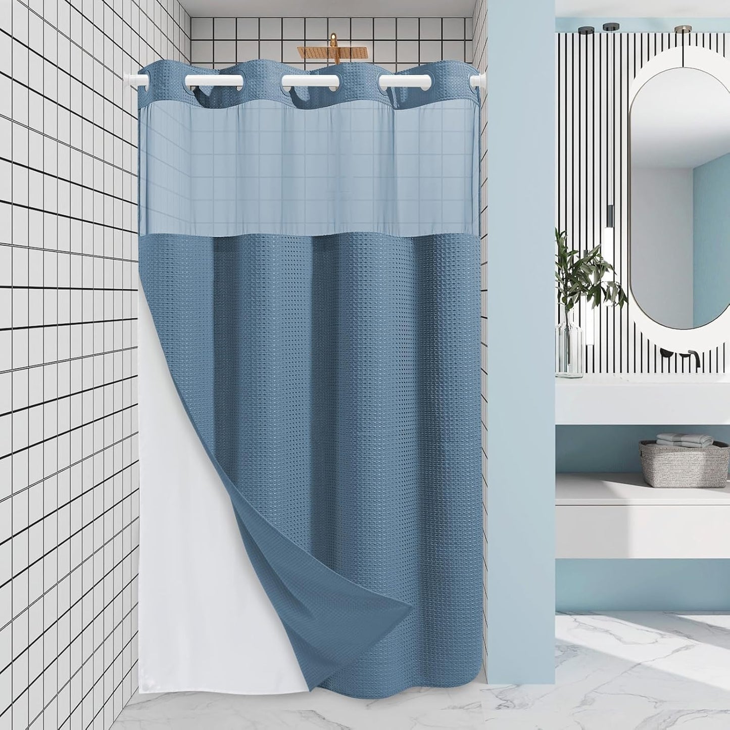 Moonlight Blue Stall No Hook Shower Curtain with Snap in Liner,230GSM Waffle Weave Shower Curtains for Bathroom,54W x 80H