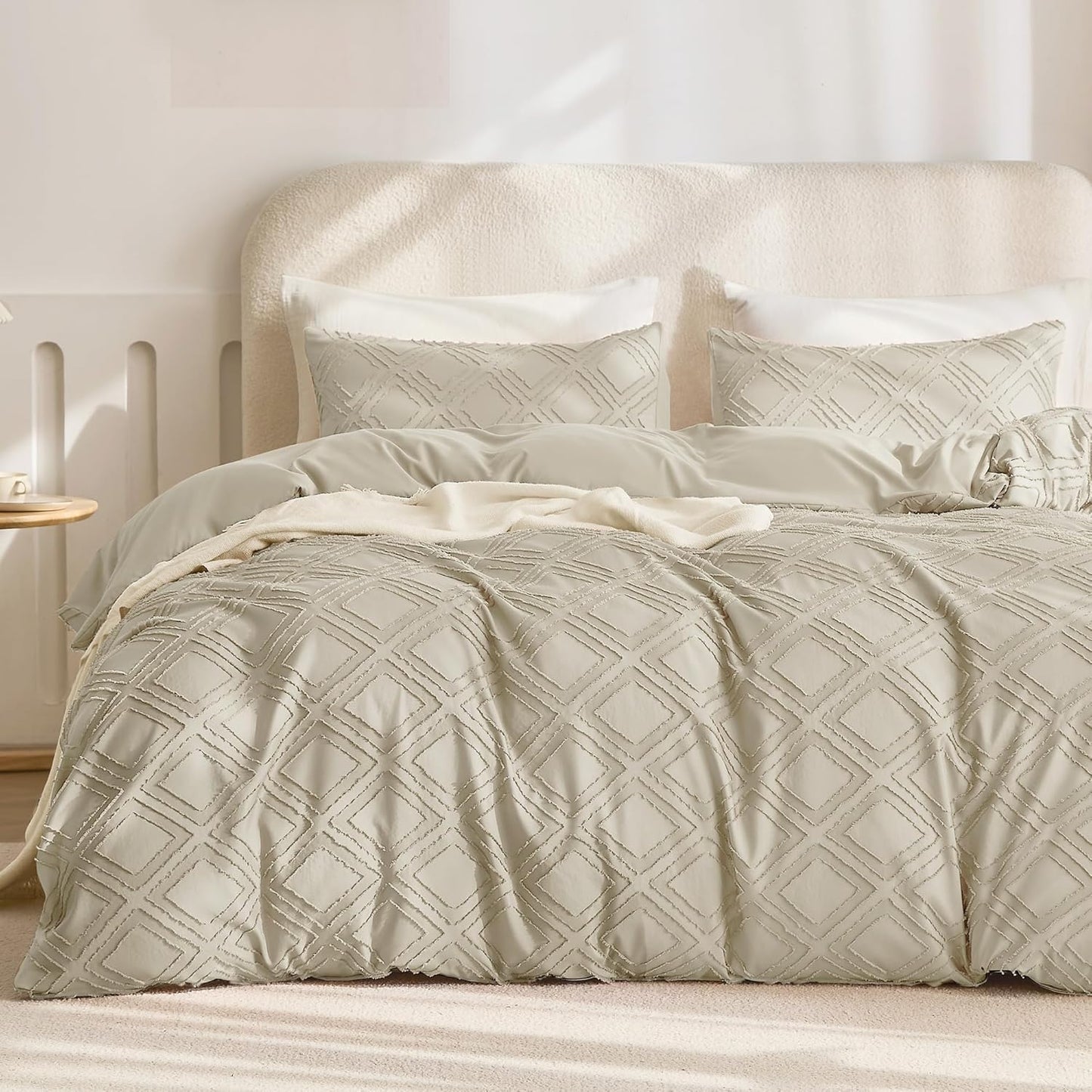 JELLYMONI Duvet Cover Twin Size Light Khaki - 3PCS Boho Duvet Cover Set Plaid Polyester Tufted Bohemian Jacquard Knit Textured Comforter Cover 68×90in Rhombic Geometric Pattern Corner Ties & Zipper