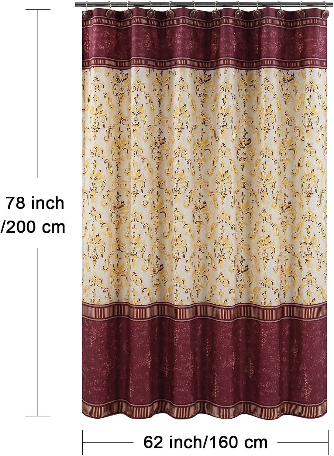 Long Fabric Shower Curtain, Burgundy and Gold Damask Print Shower Curtains for Bathroom, Classic Baroque Bathroom Curtains, 62" W x 78" H