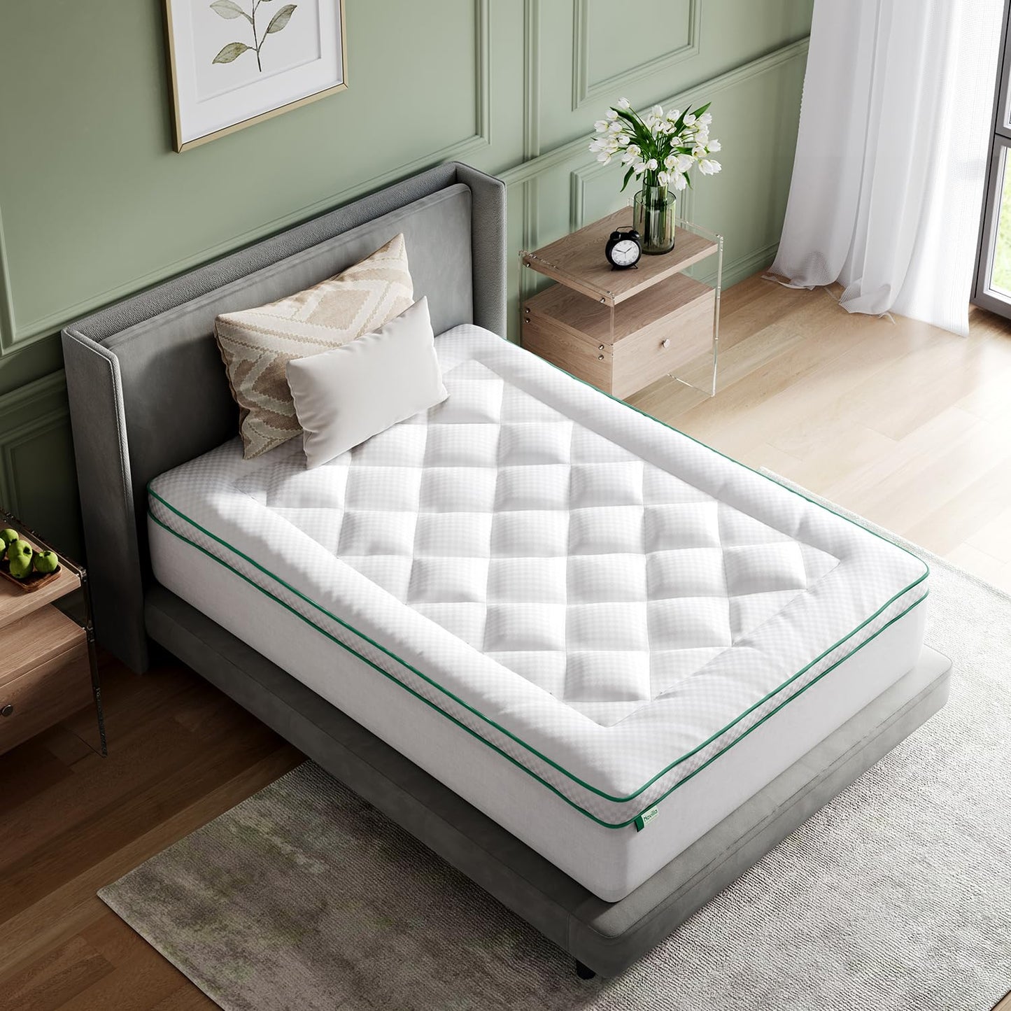 Novilla Twin XL Mattress Topper, Extra Thick Pillow Top Mattress Pad with Down Alternative, Breathable Mattress Cover with for 8-21", Machine Washable Fitted Mattress Protector – Green-White