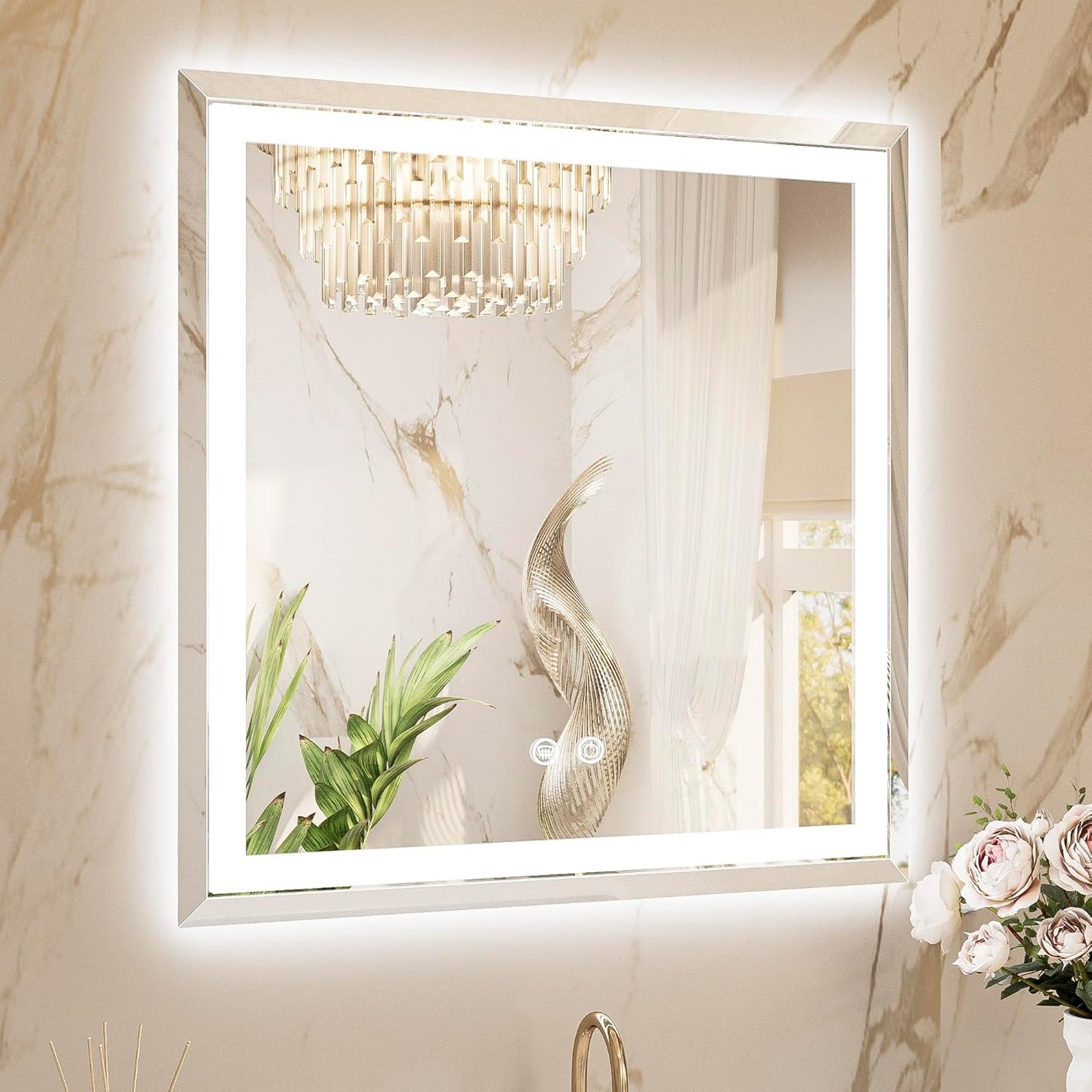 TETOTE Led Lighted Bathroom Mirror with Beveled Edge, 30 x 30 Inch Frontlit & Backlit Bathroom Vanity Anti-Fog Mirror with Extra-Bright Lights, 3-Color Dimmable, Tempered Glass, Waterproof