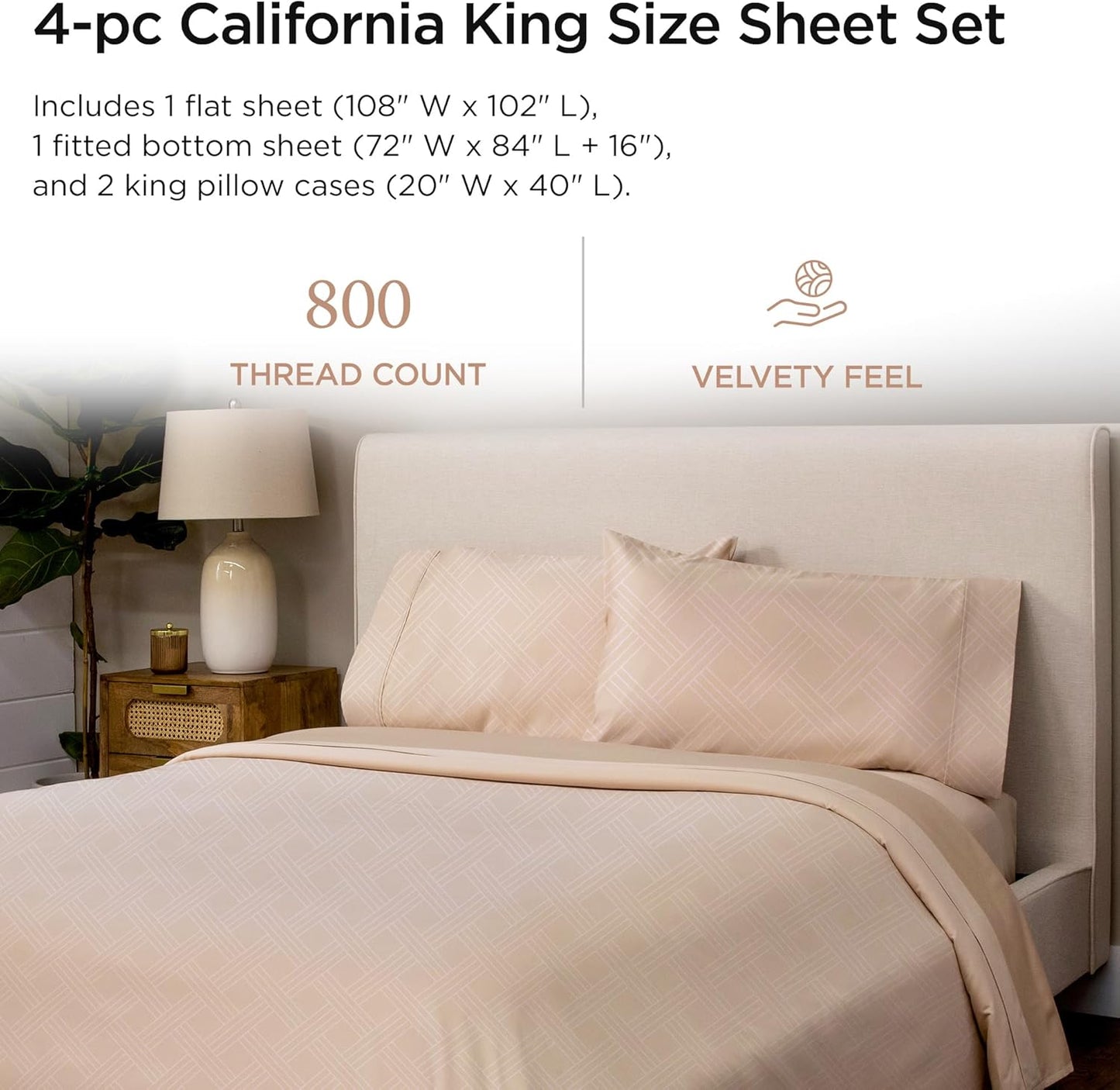 Threadmill California King Size Sheets | 800 Thread Count Jacquard Celine Light Beige | 4 Piece Striped Bed Sheets | Extra Long Staple Cotton sheets | Luxury Damask Sheets with Elasticized Deep Pocket