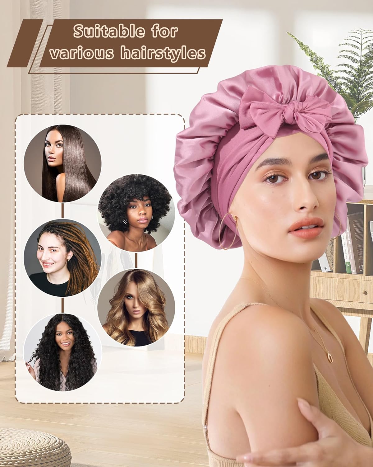 AWAYTR Women Satin Bonnet for Sleeping - Double Layer Silk Hair Bonnet with Elastic Tie Band for Braids Curly Hair