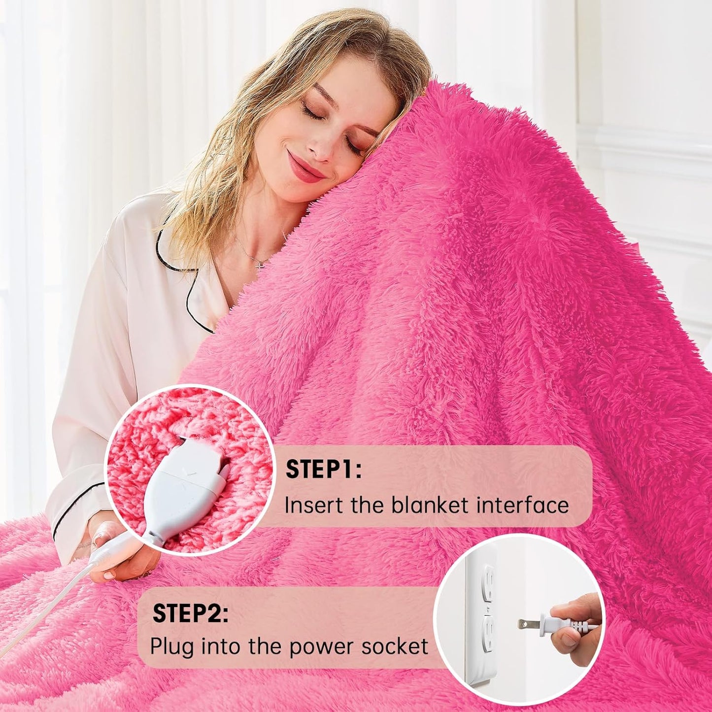 Heated Electric Blanket Throw,Warm Winter Birthday Gifts for Women Her Grandma-Faux Fur with Soft Sherpa,10 Heat Settings,5 Time Settings with Fast Heating, 50x60, Rose Red
