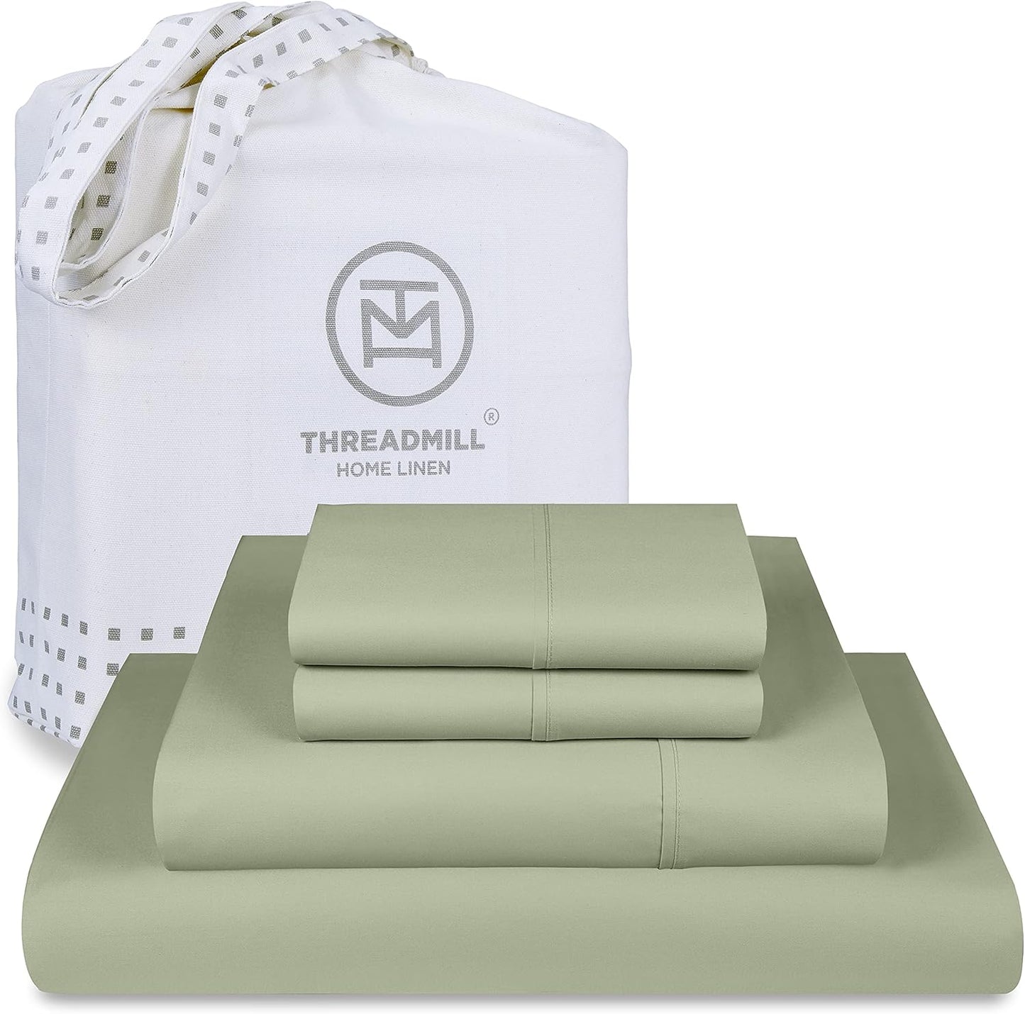 Threadmill 100% Cotton Deep Pocket/Soft/Fade Resistance, 500 Thread Count, Solid 4-Piece Full Size Bed Sheet Set (1 Flat, 1 Fitted Sheet, 2 Pillow Covers), Sage Green