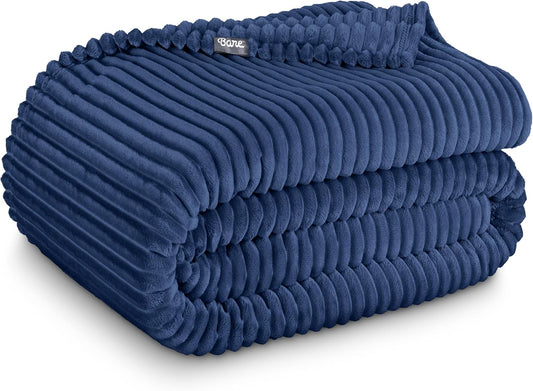 Bare Home Textured Fleece Blanket - King Size - Ultra-Soft Lightweight for Bed, Sofa, and Couch - Luxury Microplush - Cozy Warm Blanket (King, Ribbed Dark Blue)