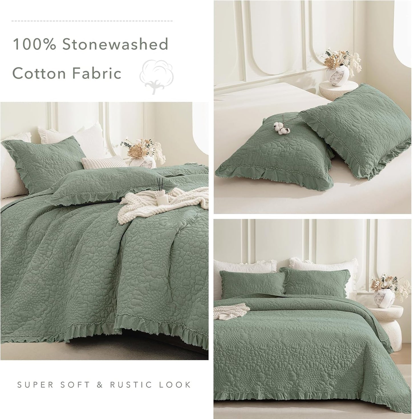 QSH 3PCs Olive Green Ruffled Quilt Queen Size (90"x98"),Stonewashed Cotton Quilt Set,Ultra Soft Lightweight Crinkled Bedspread Coverlet Queen Shabby Farmhouse Bedspreads Bedding Set with Pillow Shams