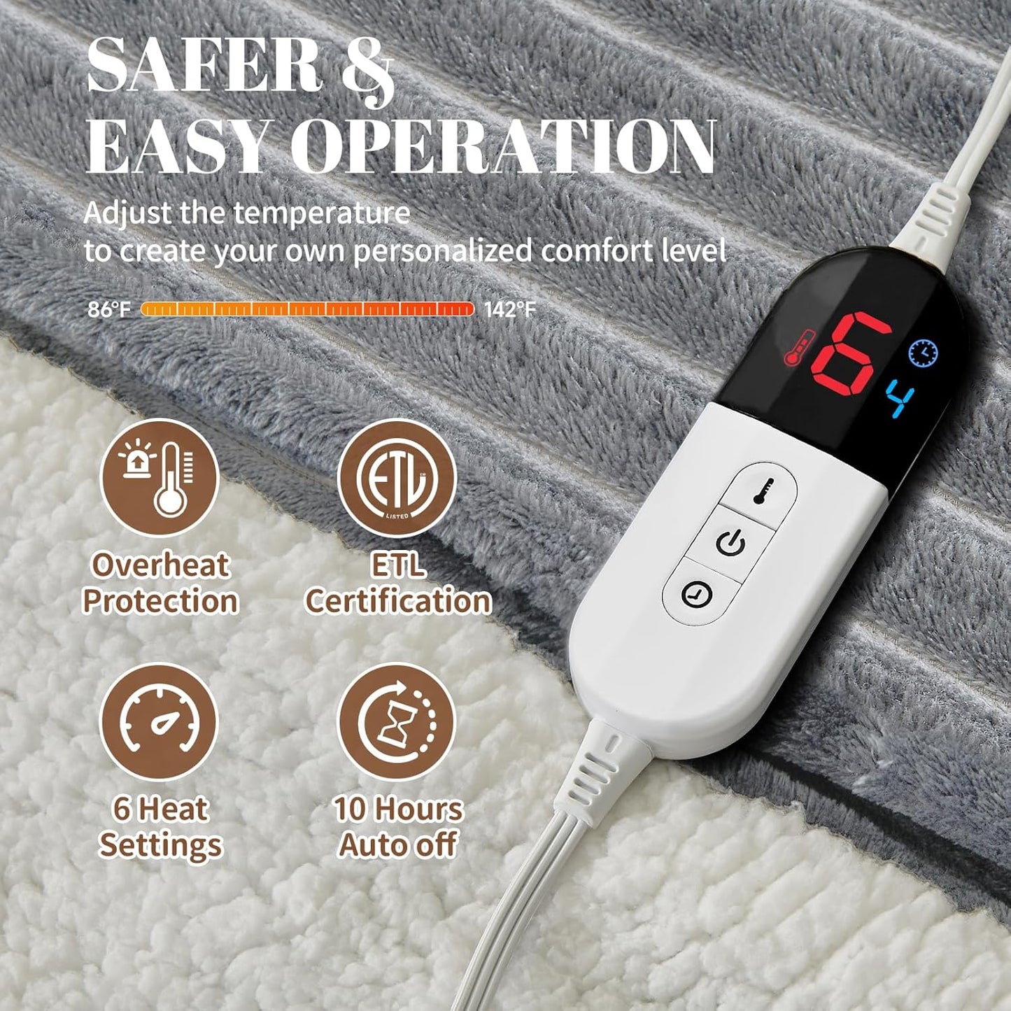 Electric Heated Blanket Twin Size - 62"x84" Fast Heating Bed Blankets with 6 Heating Levels & 10 Hours Auto Off, Soft Ribbed Flannel Sherpa, Over-Heated Protection ETL, Light Gray