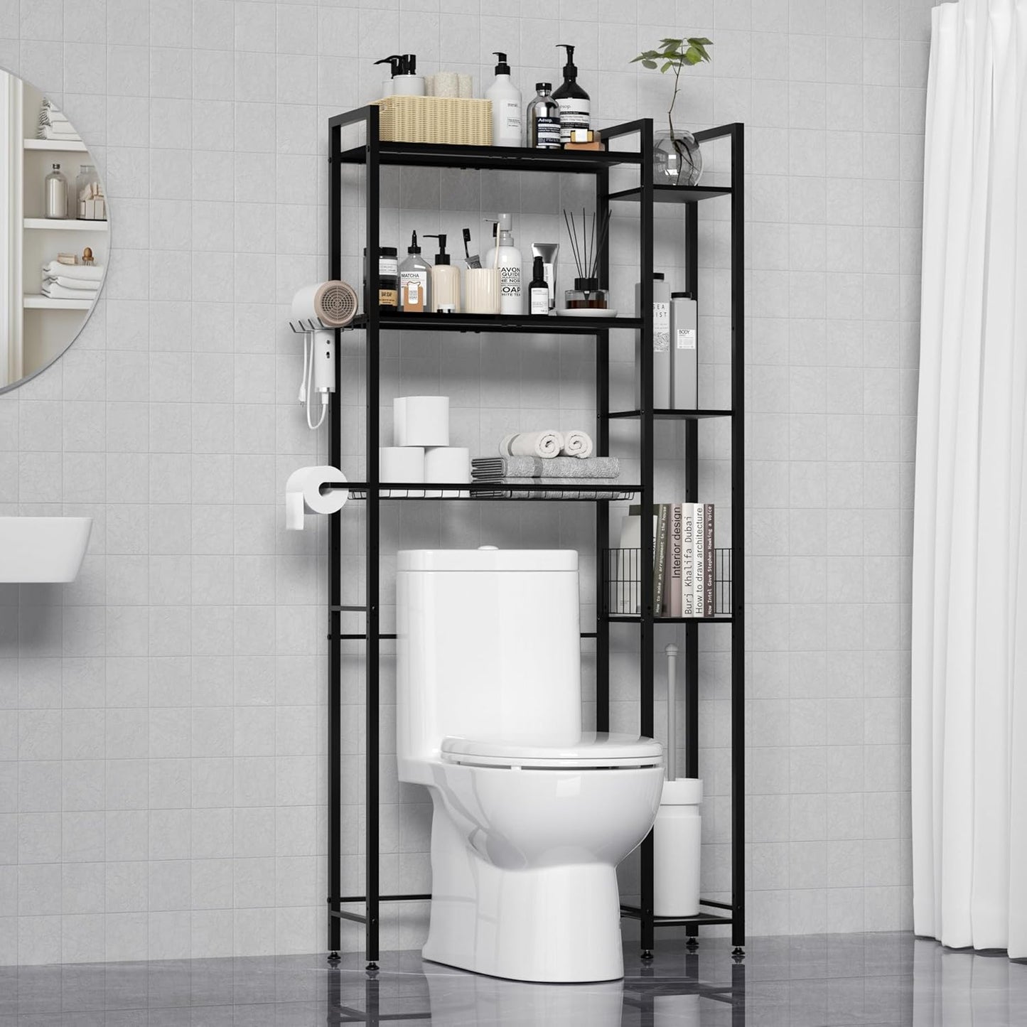 31.5" Wide Over The Toilet Storage, Solid Wood Over Toilet Bathroom Organizer with Paper Holder, Hooks, Side Shelf, 7-Tier Metal Over Toilet Shelves Rack for Laundry, Dorm Room, Balcony, Black