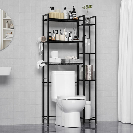 31.5" Wide Over The Toilet Storage, Solid Wood Over Toilet Bathroom Organizer with Paper Holder, Hooks, Side Shelf, 7-Tier Metal Over Toilet Shelves Rack for Laundry, Dorm Room, Balcony, Black