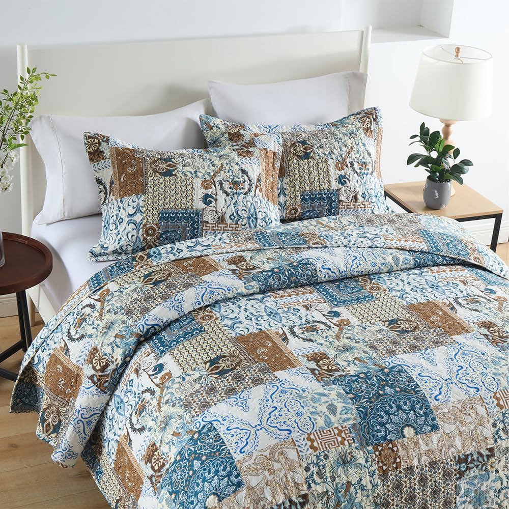 ENASAL Cotton Bedspread Quilt Bedding Sets Reversible Coverlet Comforters Blue Bohemian Rustic Floral Patchwork Pattern Bedspread for All Season,Queen Size