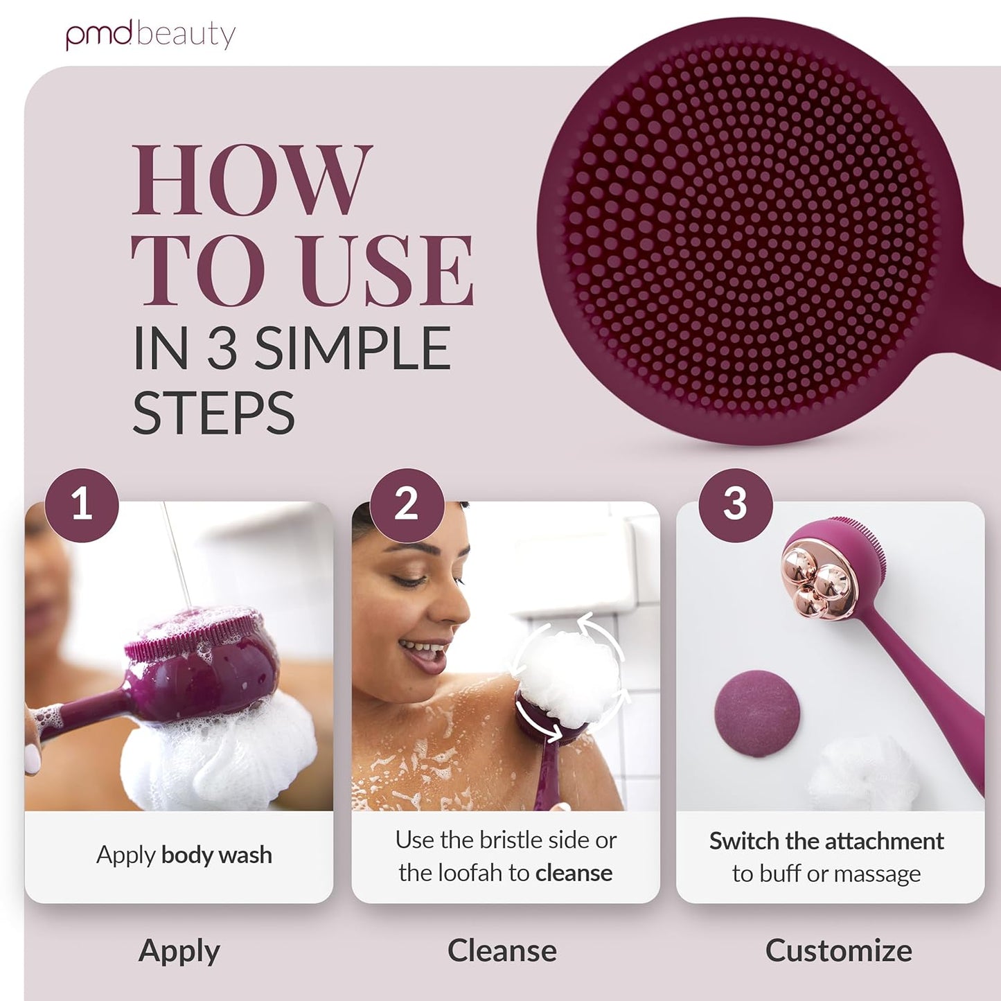 PMD Clean Body - Smart Body Cleansing Device with Silicone Brush & Three Interchangeable Attachments - Waterproof - SonicGlow Vibration - Cleanse, Exfoliate, & Massage Body
