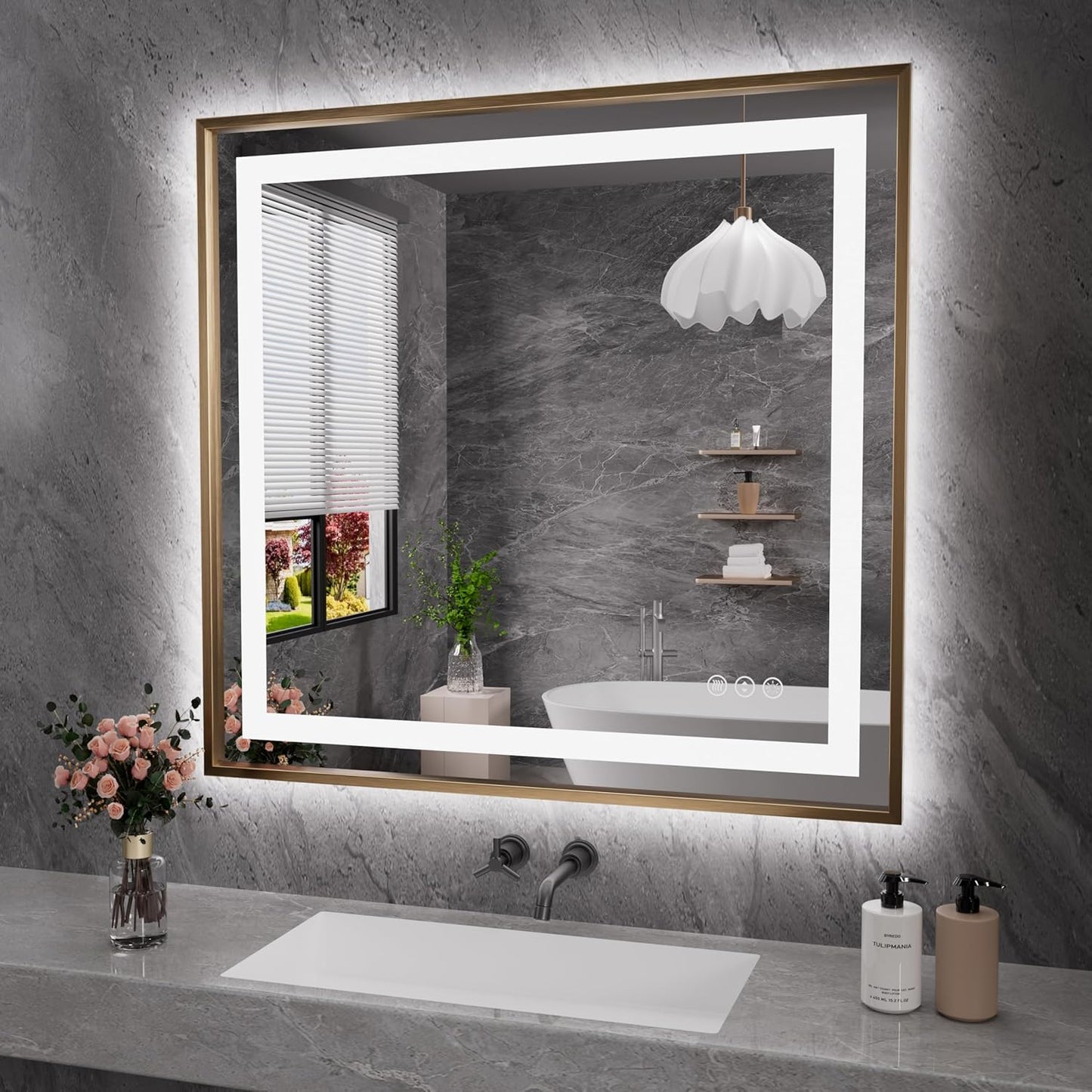Amorho 40"X38" LED Bathroom Mirror, Golden Metal Framed Mirror with Front Light and Backlit, Stepless Dimmable, Anti-Fog, Shatter-Proof, Memory, 3 Colors