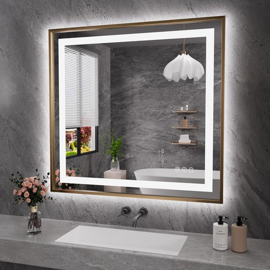 Amorho 40"X38" LED Bathroom Mirror, Golden Metal Framed Mirror with Front Light and Backlit, Stepless Dimmable, Anti-Fog, Shatter-Proof, Memory, 3 Colors