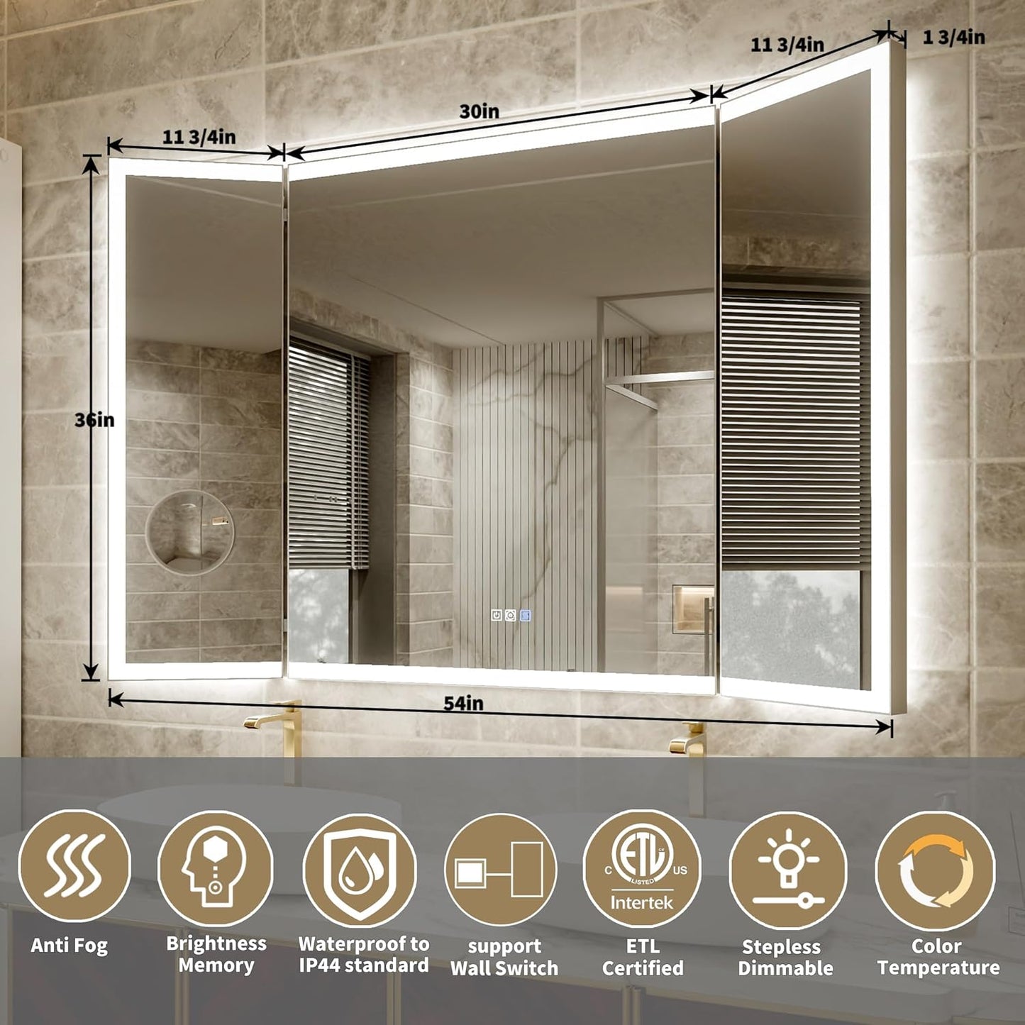 54x36 Trifold Bathroom Mirror with Lights with Removable Magnifier, 180° Foldable LED Mirror for Bathroom, Front&Backlit, Wall Mounted, Stepless Dimming, Color Temper Change, Anti Fog