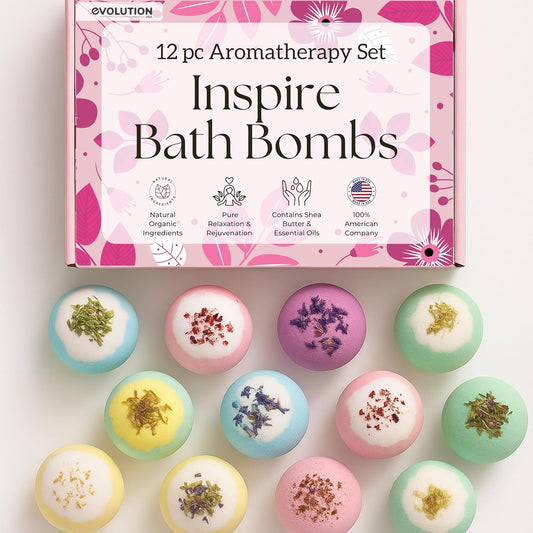 EvolutionUSA Inspire Bath Bombs for Women, 12 Gorgerous Flower Bath Bombs Topped with Dried Flowers, Luxurious Mother's Day Gift Set, Brithday Gift, Easter Gift or for Creating Lush Self Care Moment