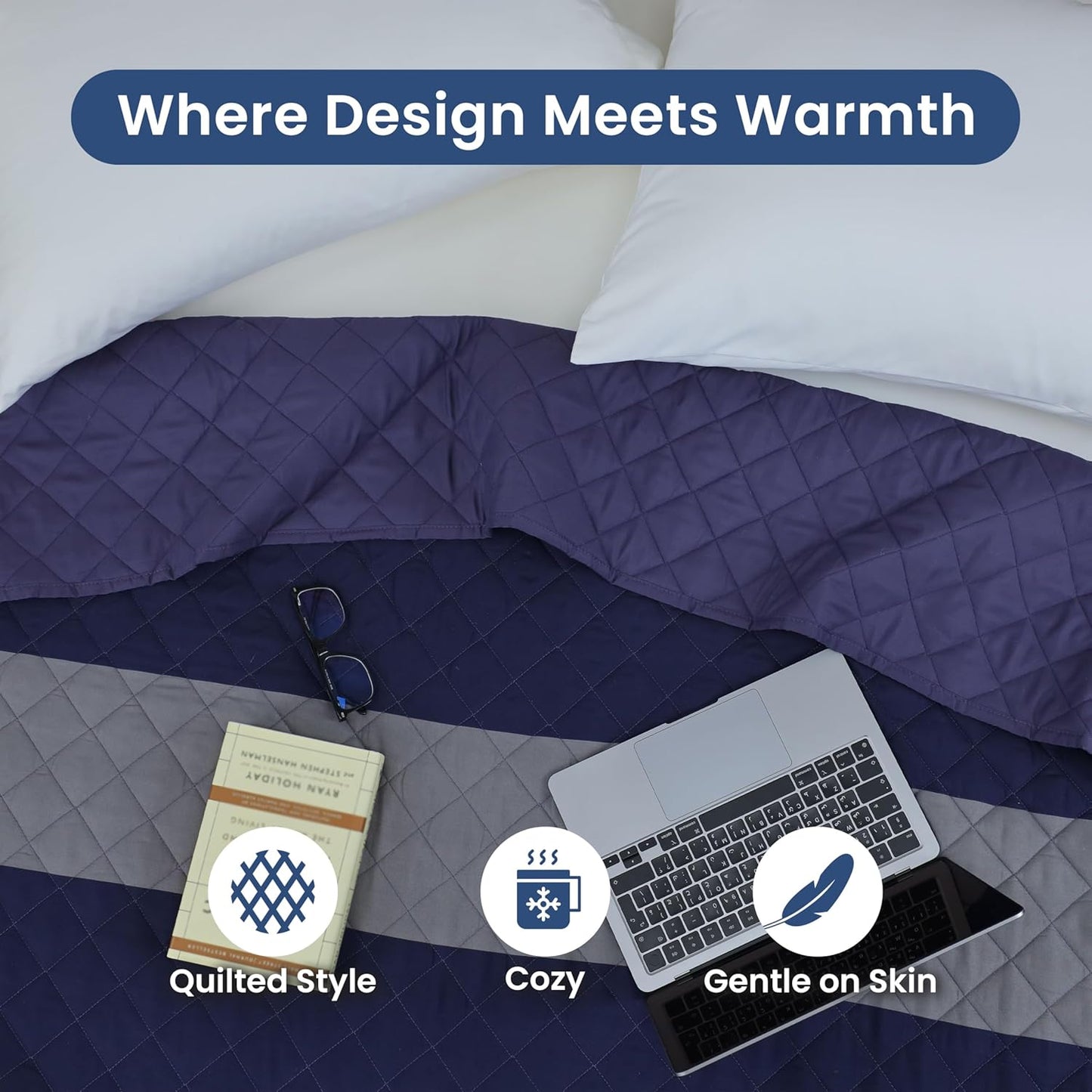 Martex Reversible Coverlet – Full Queen Size Quilt - Lightweight Quilt Full Size– Durable Queen Size Quilts for Bed – Soft - Easy Care Bedding – Rugby Stripe/Navy