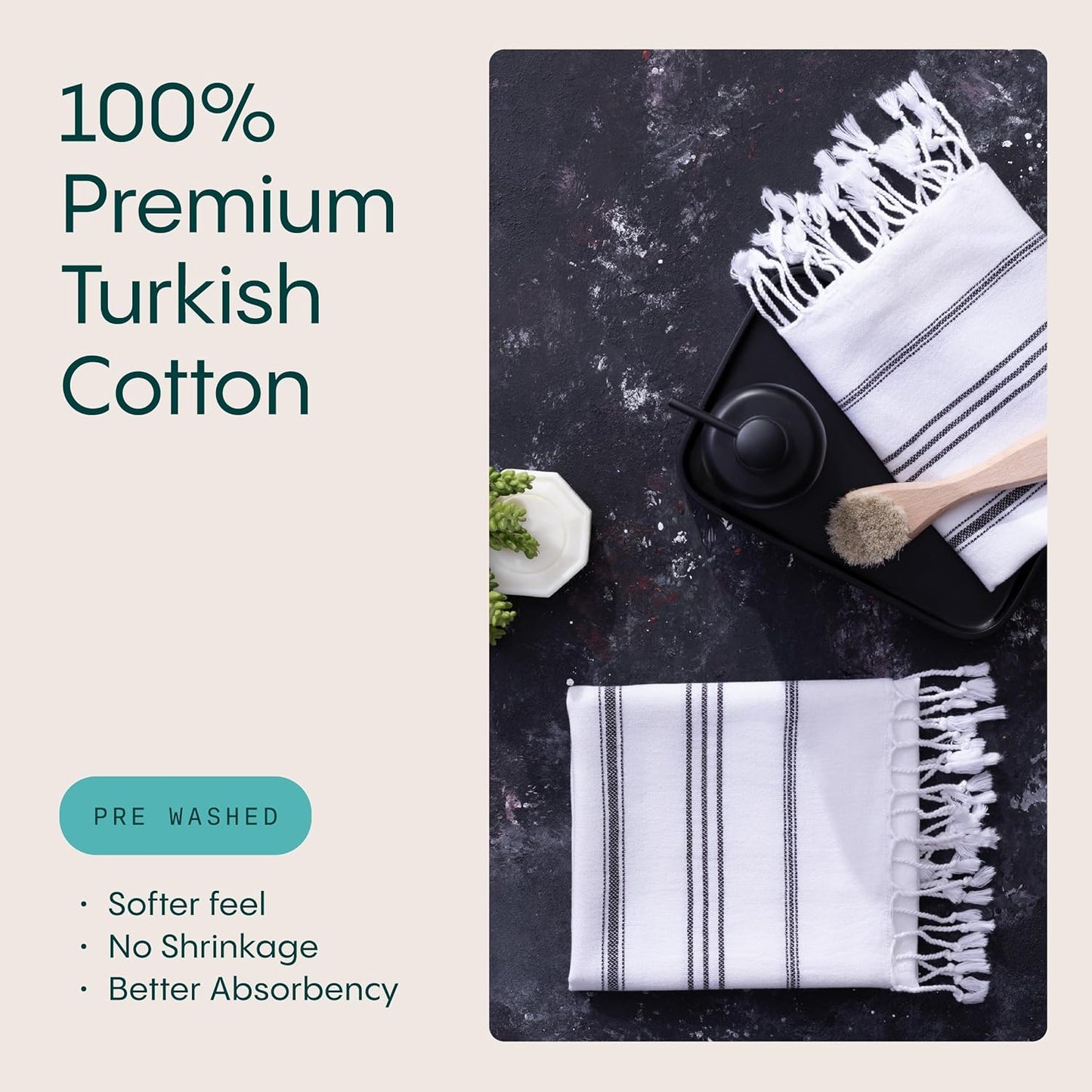 WETCAT Turkish Hand Towels with Hanging Loop, Set of 2 (20" x 30") 100% Turkish Cotton, Pre-Washed, Quick Drying, for Kitchen or Bathroom - Black & White