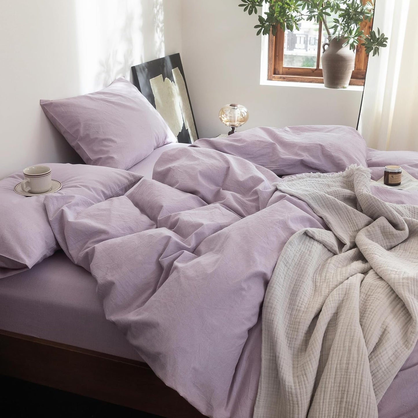 FOSSA Duvet Cover Set 100% Washed Cotton Linen Feel Super Soft Breathable Cozy 3 Pieces Bedding Sets Solid Light Purple King