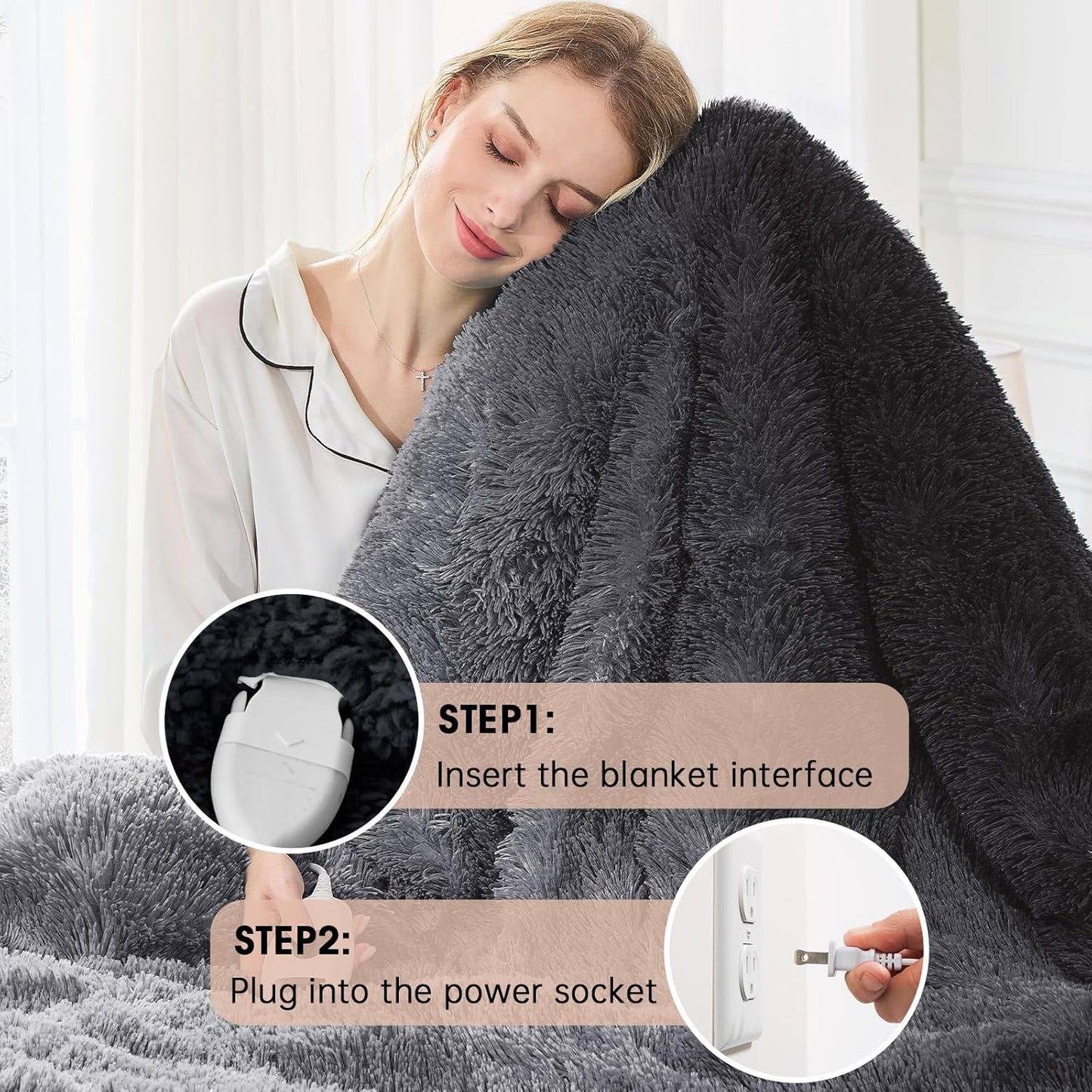 Heated Electric Blanket Twin–Faux Fur with Soft Thick Sherpa,Warm Winter Birthday Gifts for Women Grandma，10 Heat Settings,5 Time Settings with Fast Heating, 62x84, Midnight Black