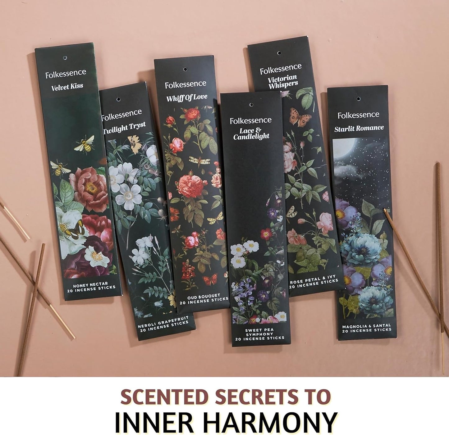 Folkulture Incense Sticks for Home | Set of 6 (120 Non Toxic Sticks) with 45 Mins Burn Time | Honey Nectar, Sweet Pea, Mangolia, Rose Incenses, Oud Inscents | Organic Incents for Relaxation