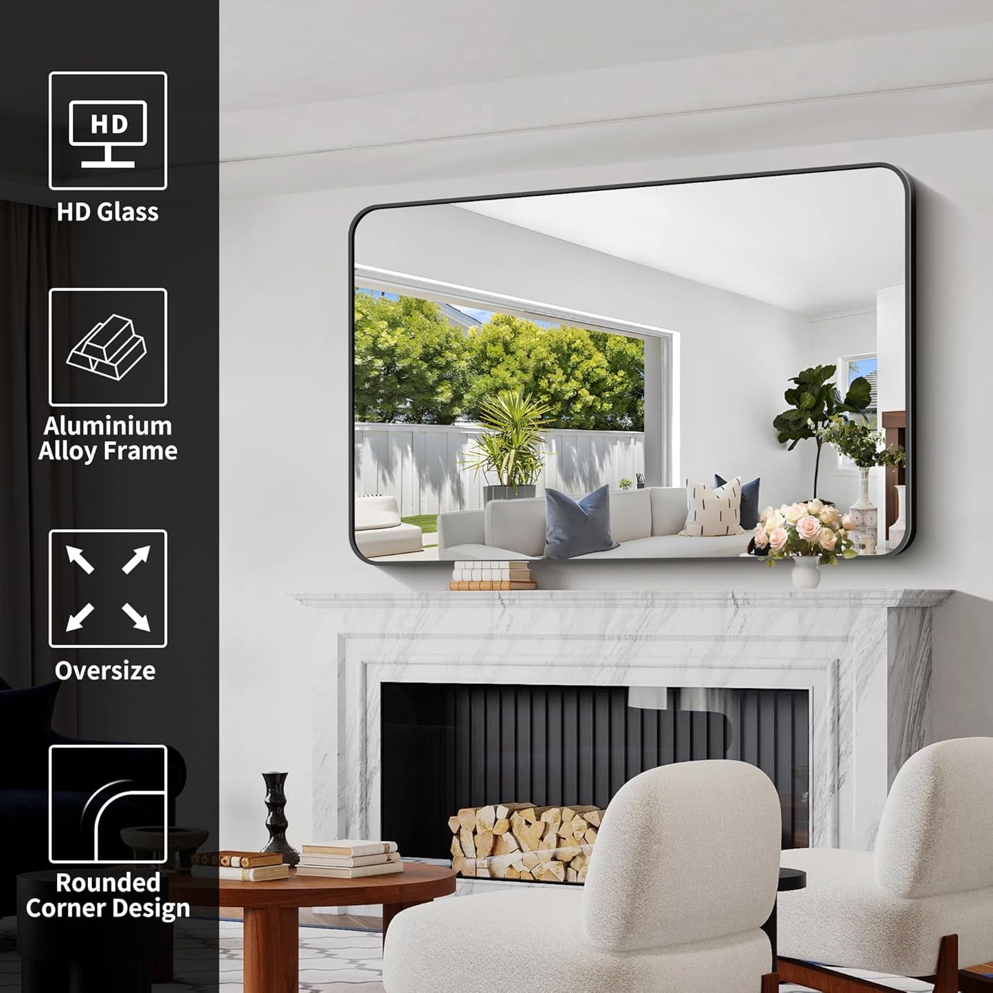 Bathroom Mirror, 55 x 36 inch Black Rectangle Wall Mirror, Metal Frame Rounded Corner Vanity Mirror, Large Wall Mounted Mirrors for Over Sink Bedroom Living Room Horizontal Or Vertical Mounting