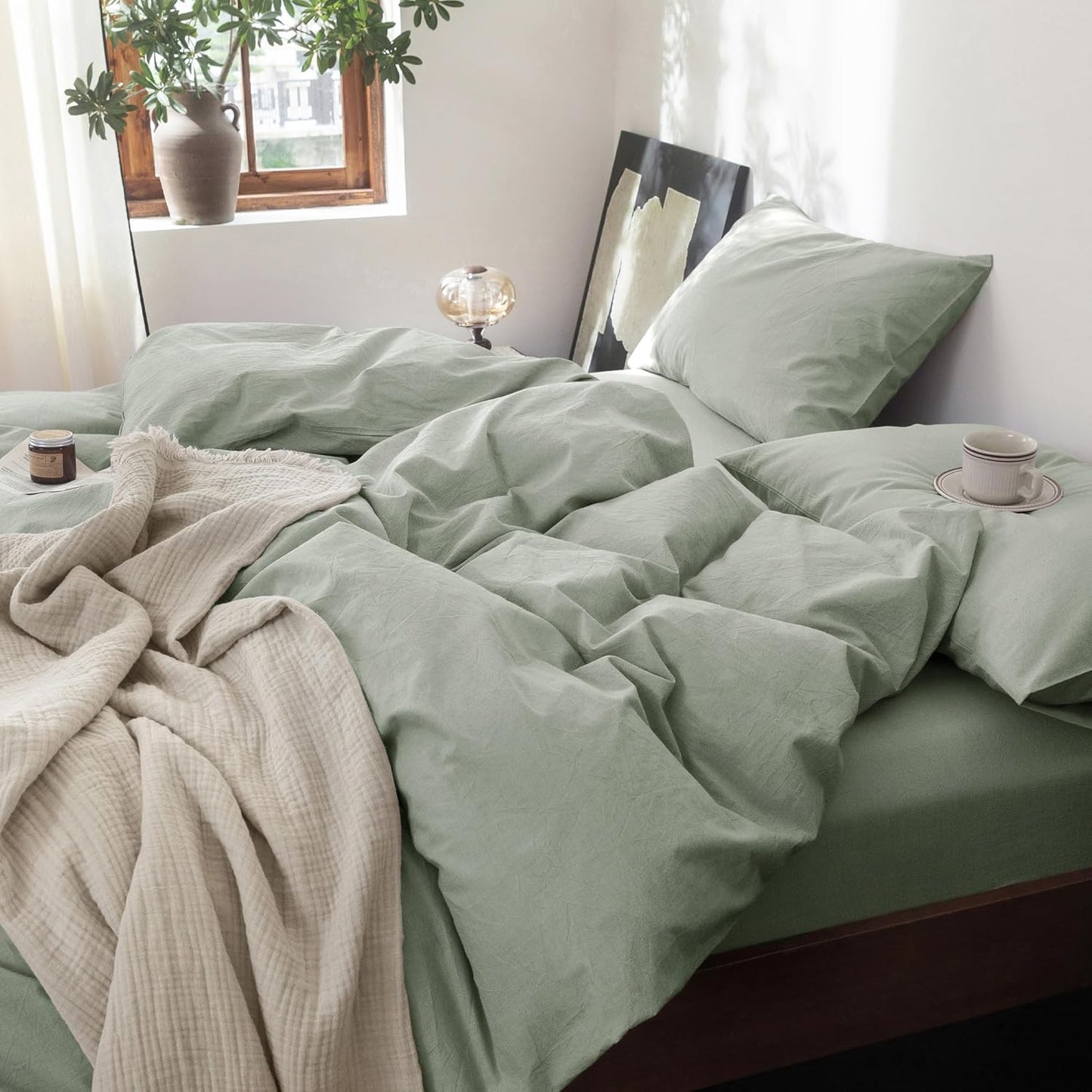 FOSSA Duvet Cover Set 100% Washed Cotton Linen Feel Super Soft Breathable Cozy 3 Pieces Bedding Sets Solid Sage Green Full/Double