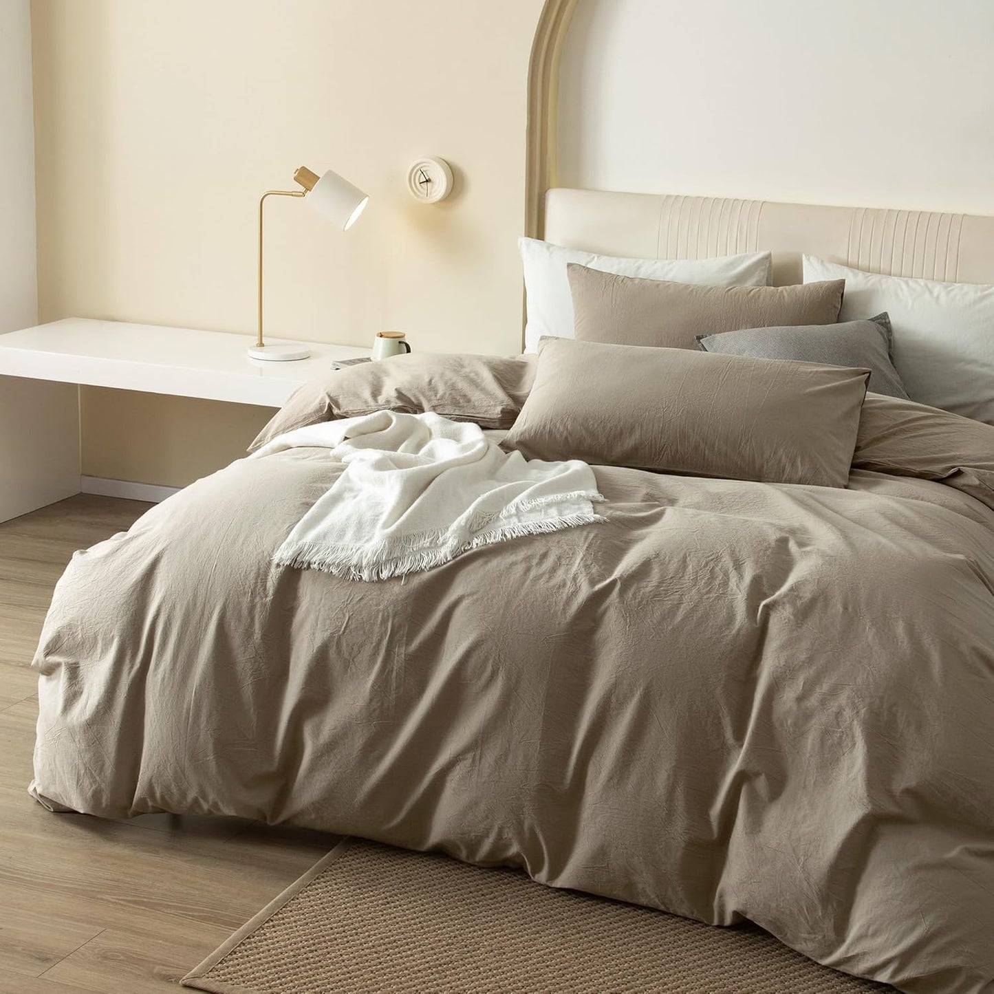 JIYUAN 100% Washed Cotton Duvet Cover Set 3 Pieces King, 1 Duvet Cover 104x90 Inches(Comforter Not Included) and 2 Pillowcases,Linen Feel Bedding Set Comfy and Breathable,Khaki