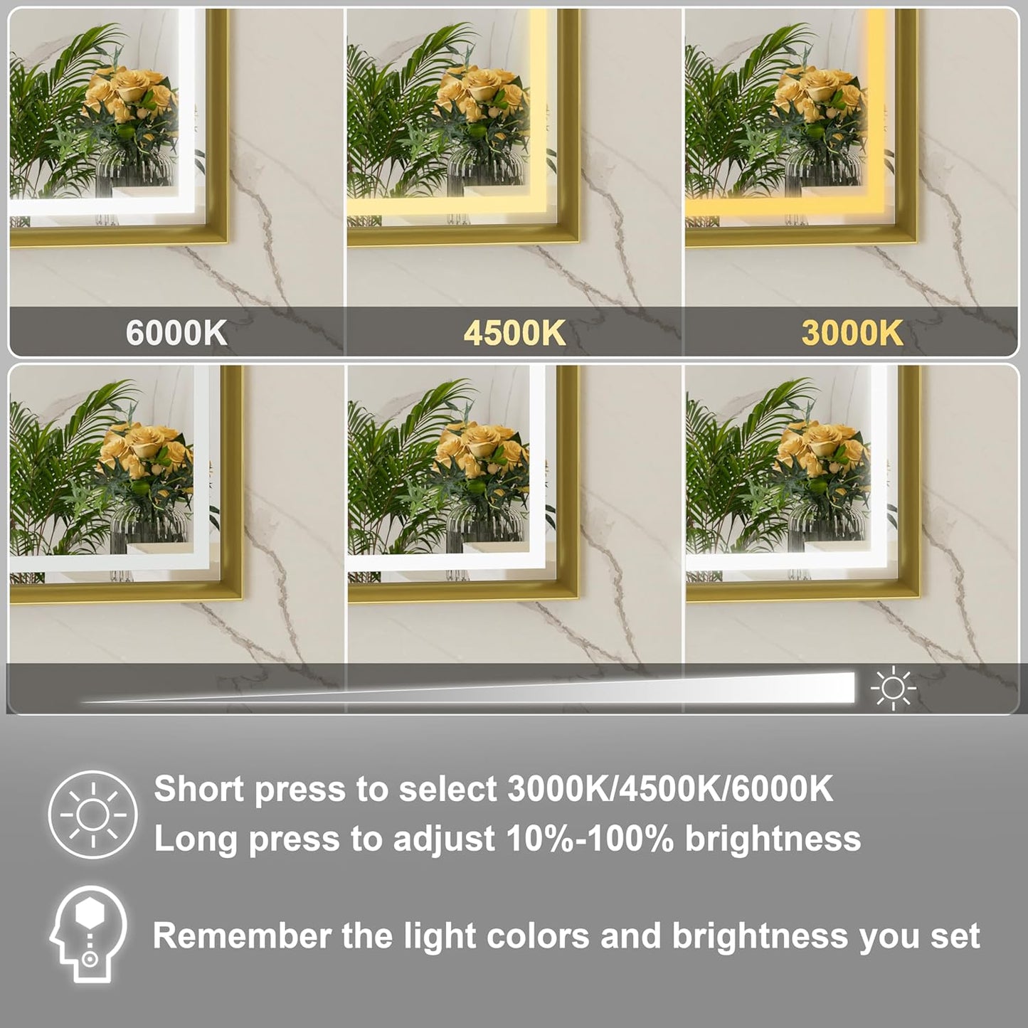 40x30 Inch Gold LED Mirror for Bathroom, 3 Color Temperatures (3000K/4500K/6000K), Anti-Fog, Dimmable Lights, Memory Function, Horizontal/Vertical Wall Mounted