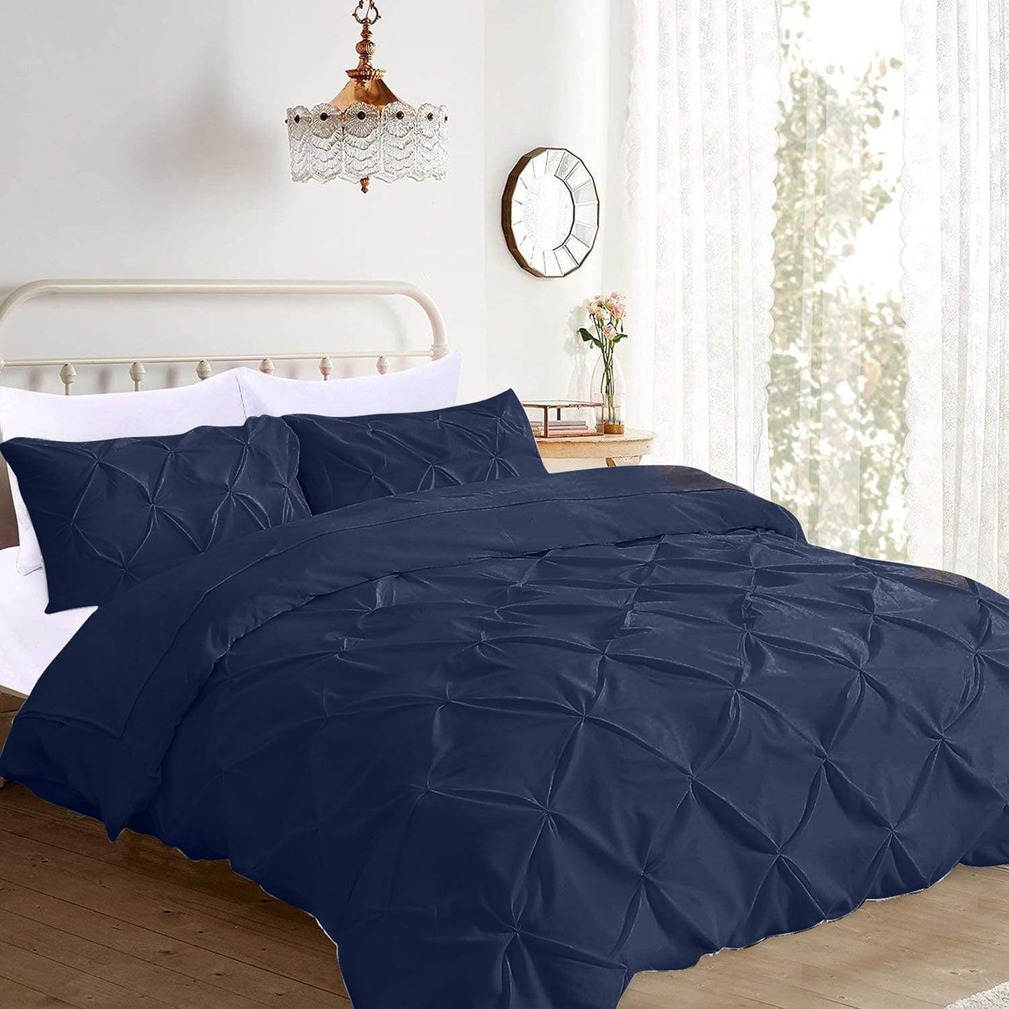 Pinch Pleated Duvet Cover Set 100% Brushed Microfiber 3PC Queen Size 90x90 Duvet Cover Set, Decorative Pinch Design Navy Blue Duvet Cover with Matching Pillow Case